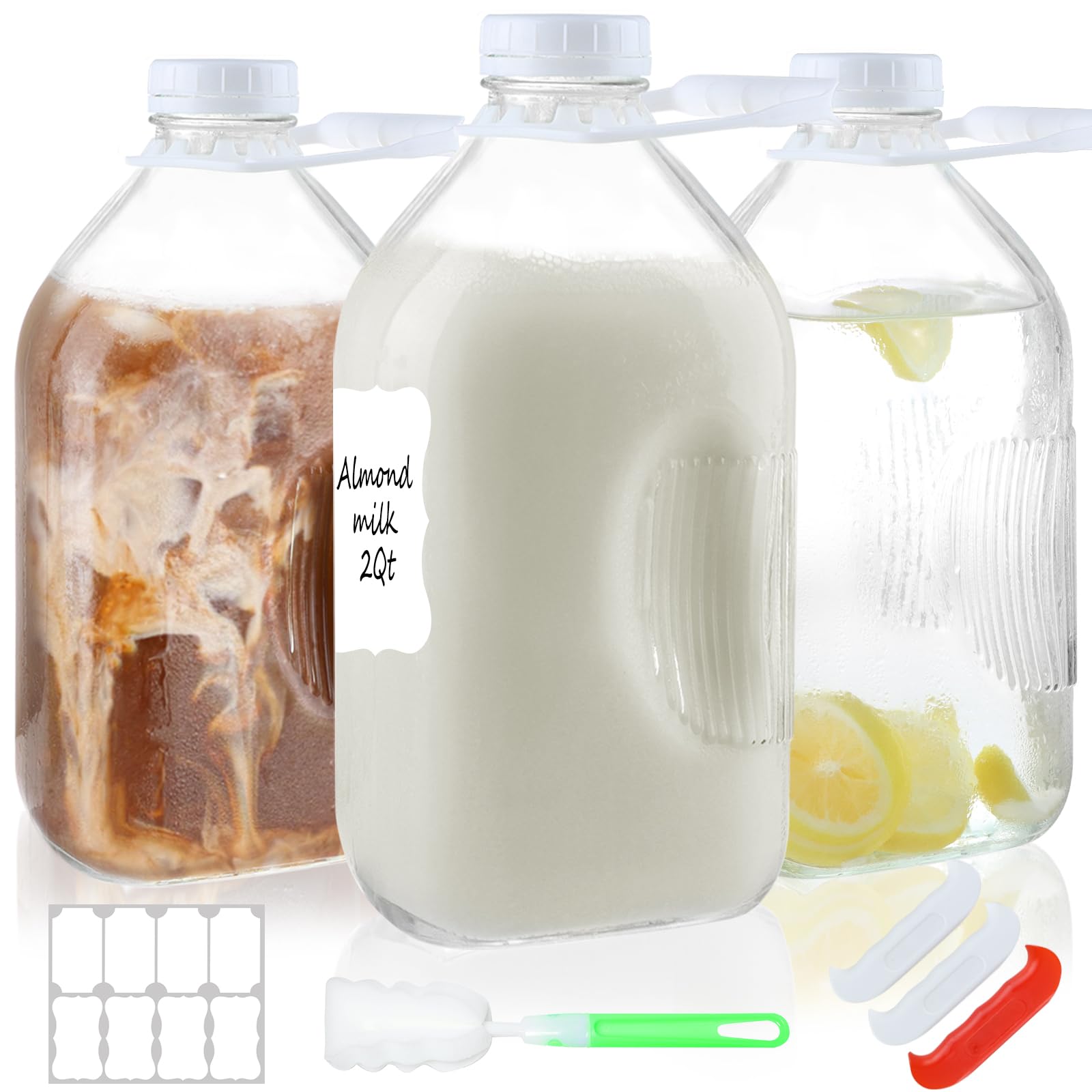 CARBLIN 64 Oz Glass Milk Bottles, Heavy Duty Glass Milk Jugs with Airtight Lid, 2Qt Clear Water Container for Refrigerator, Reusable Juice Pitcher with Brush & Handle (1/2 Gal, 3 Pack)