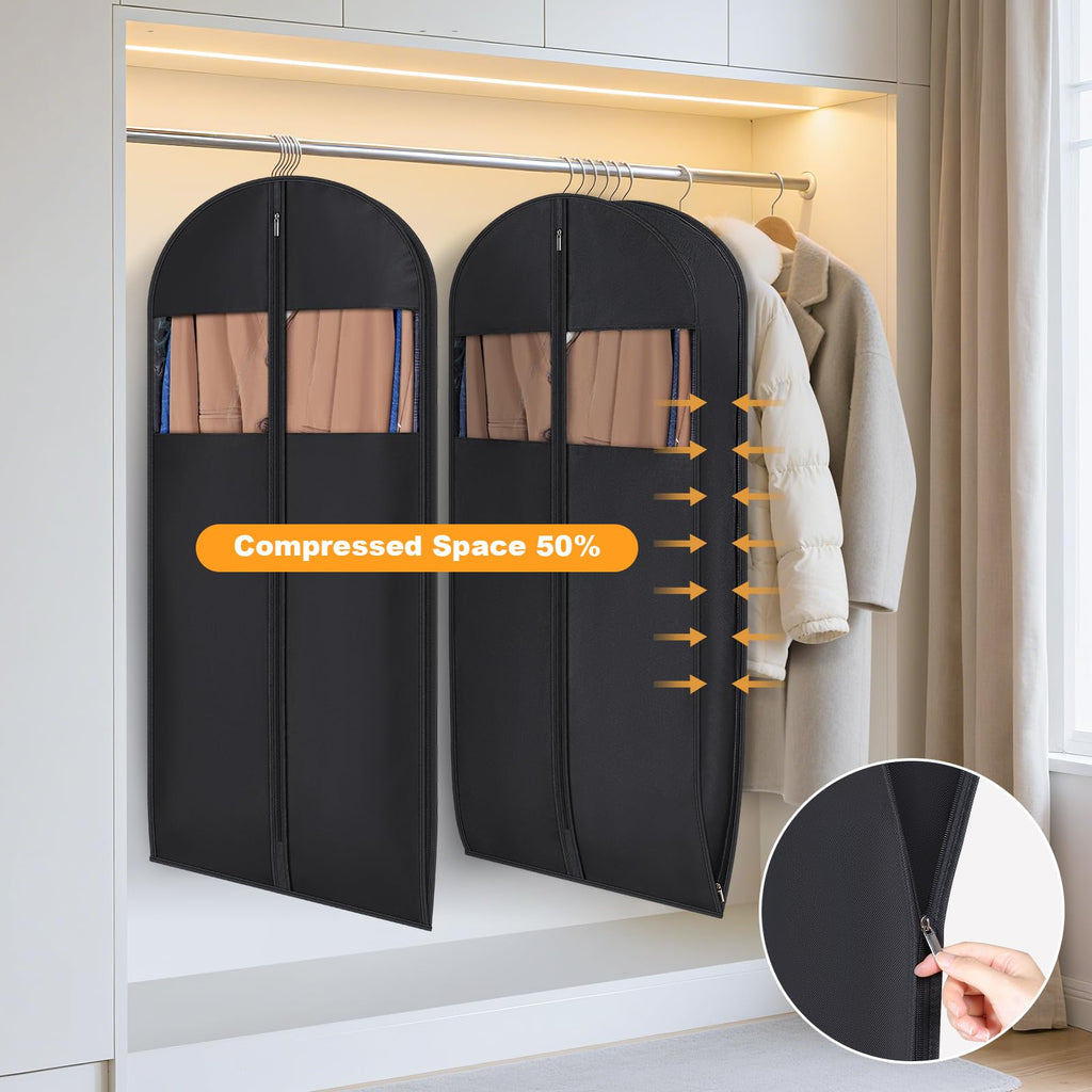 Syeeiex 2 PC 54'' Space Saving Hanging Garment Bags for Closet Storage with Self Compression Zipper, Garment Bags for Hanging Clothes with 8'' Gussets, Clear Window
