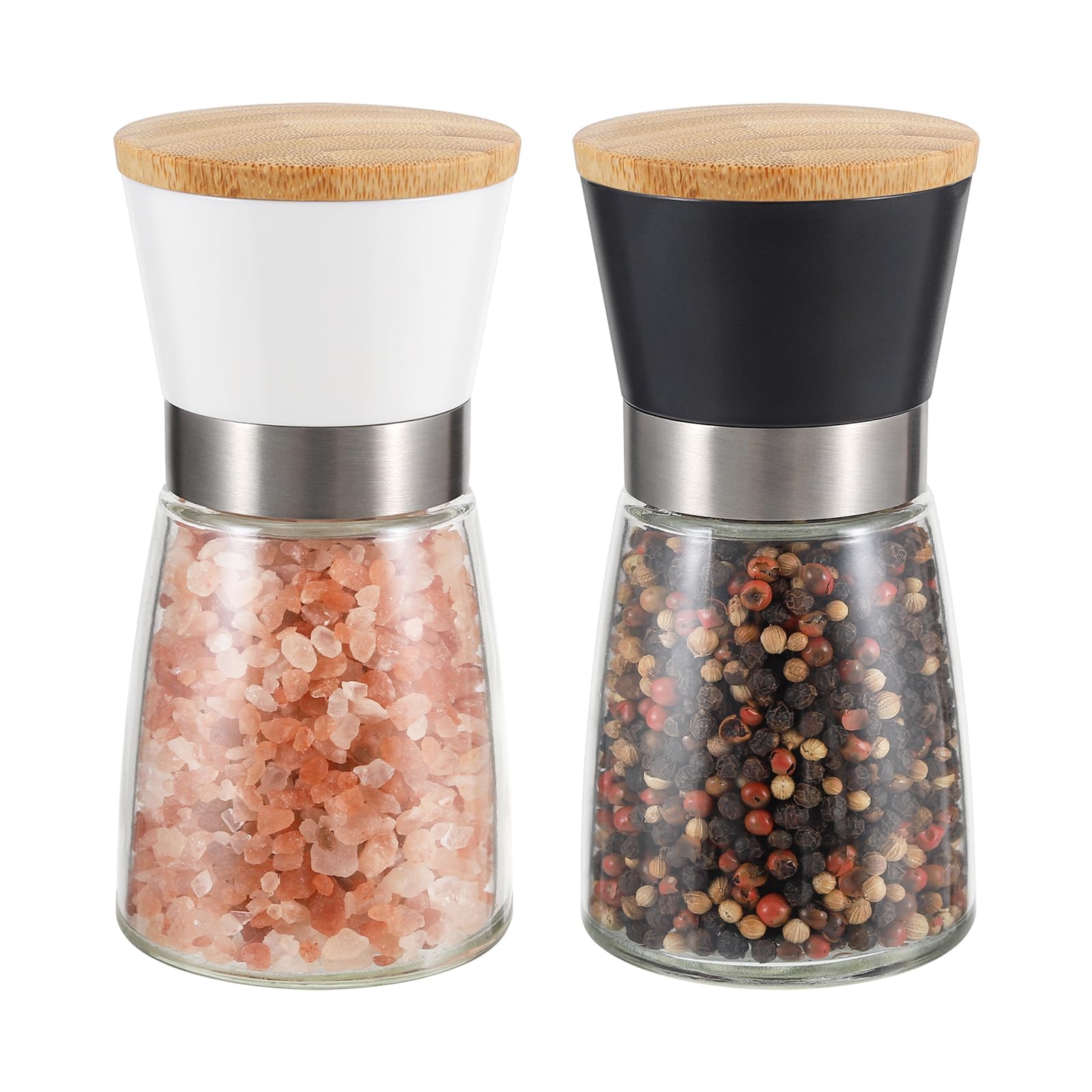 Vucchini Manual Salt and Pepper Grinder Set Bamboo Lid - Adjustable Coarse Salt and Pepper Mills - Refillable Ceramic Burr Kitchen Gift Salt Pepper Shakers Black&White