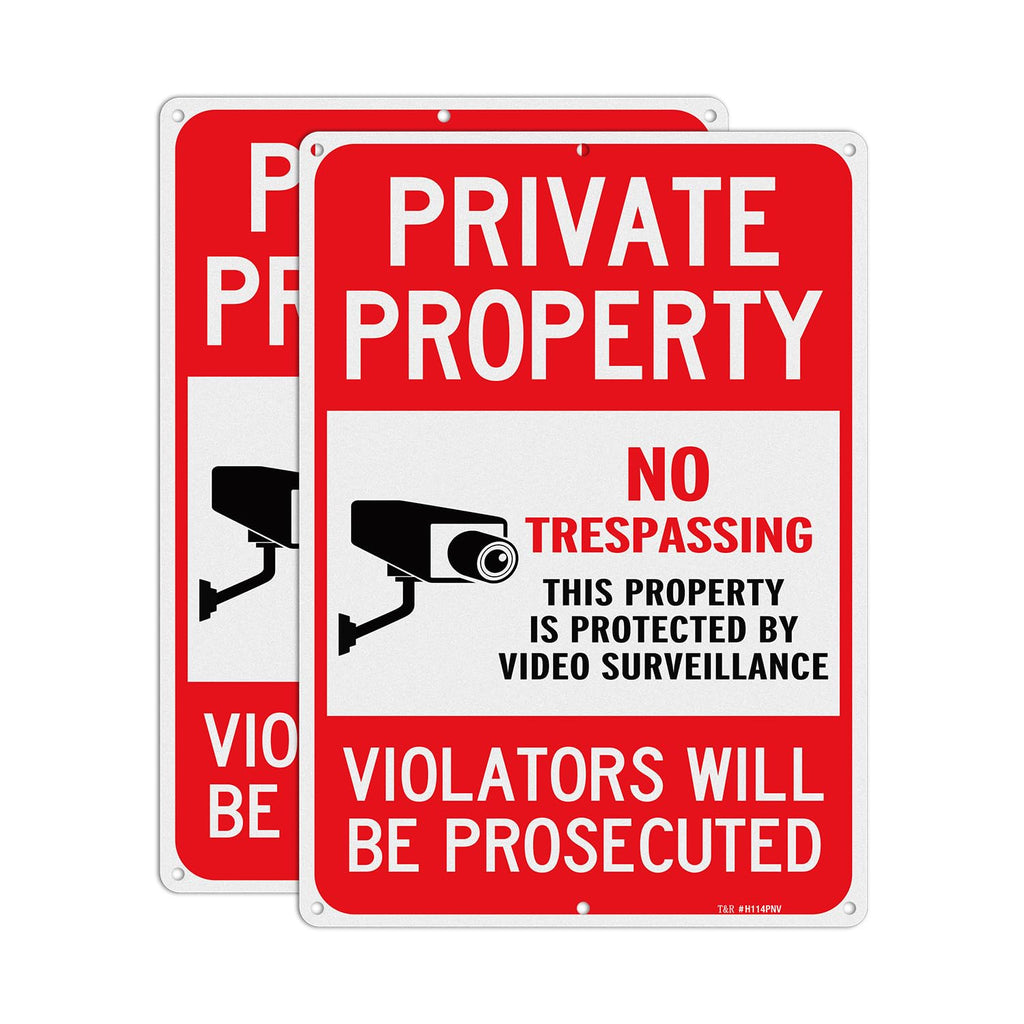 T&R Large No Trespassing Sign Private Property Violators Will Be Prosecuted, Video Surveillance Sign - 2 Pack - 14 x 10 Inches Rust Free .040 Aluminum Reflective, Weather Resistant, Waterproof, Fade