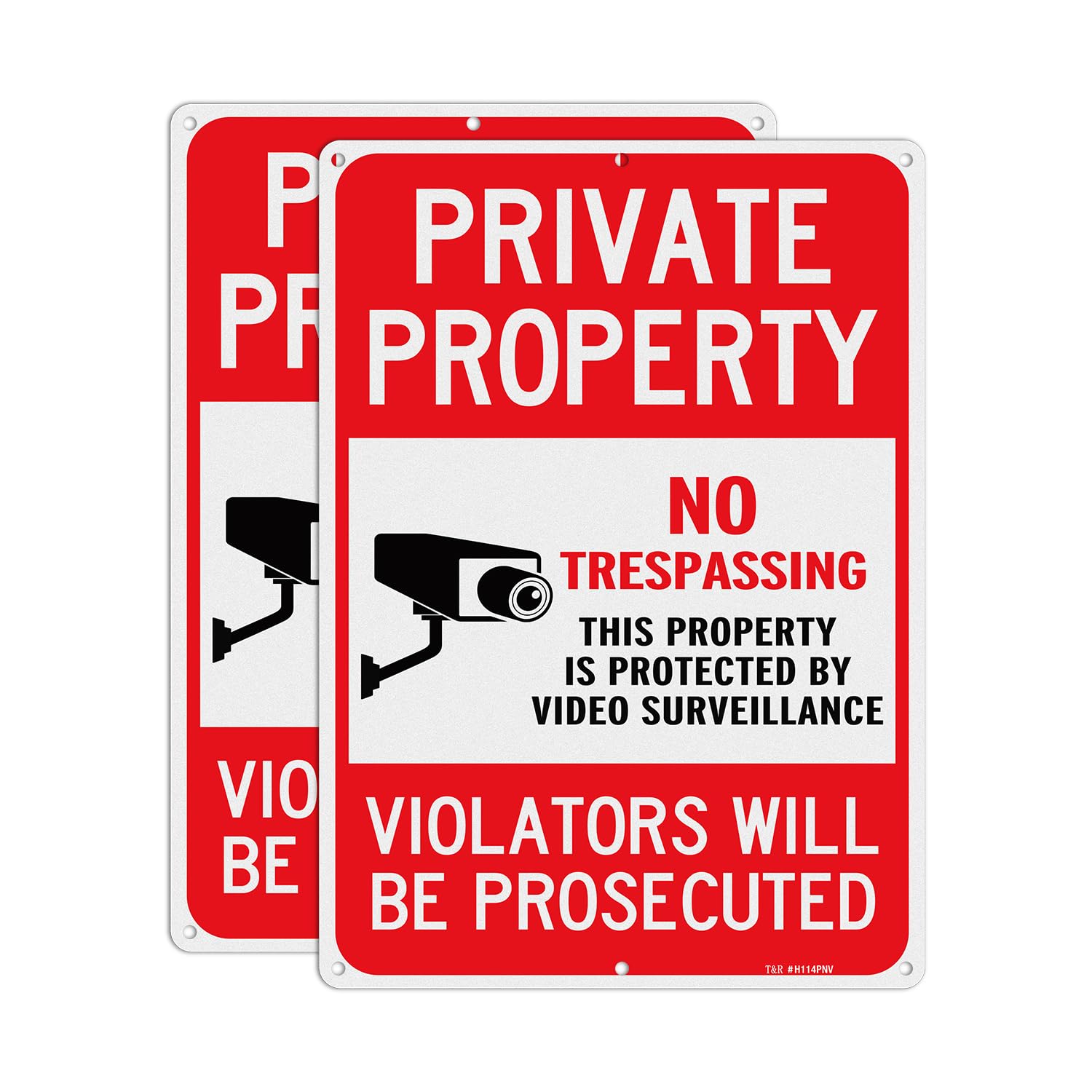 T&R Large No Trespassing Sign Private Property Violators Will Be Prosecuted, Video Surveillance Sign - 2 Pack - 14 x 10 Inches Rust Free .040 Aluminum Reflective, Weather Resistant, Waterproof, Fade