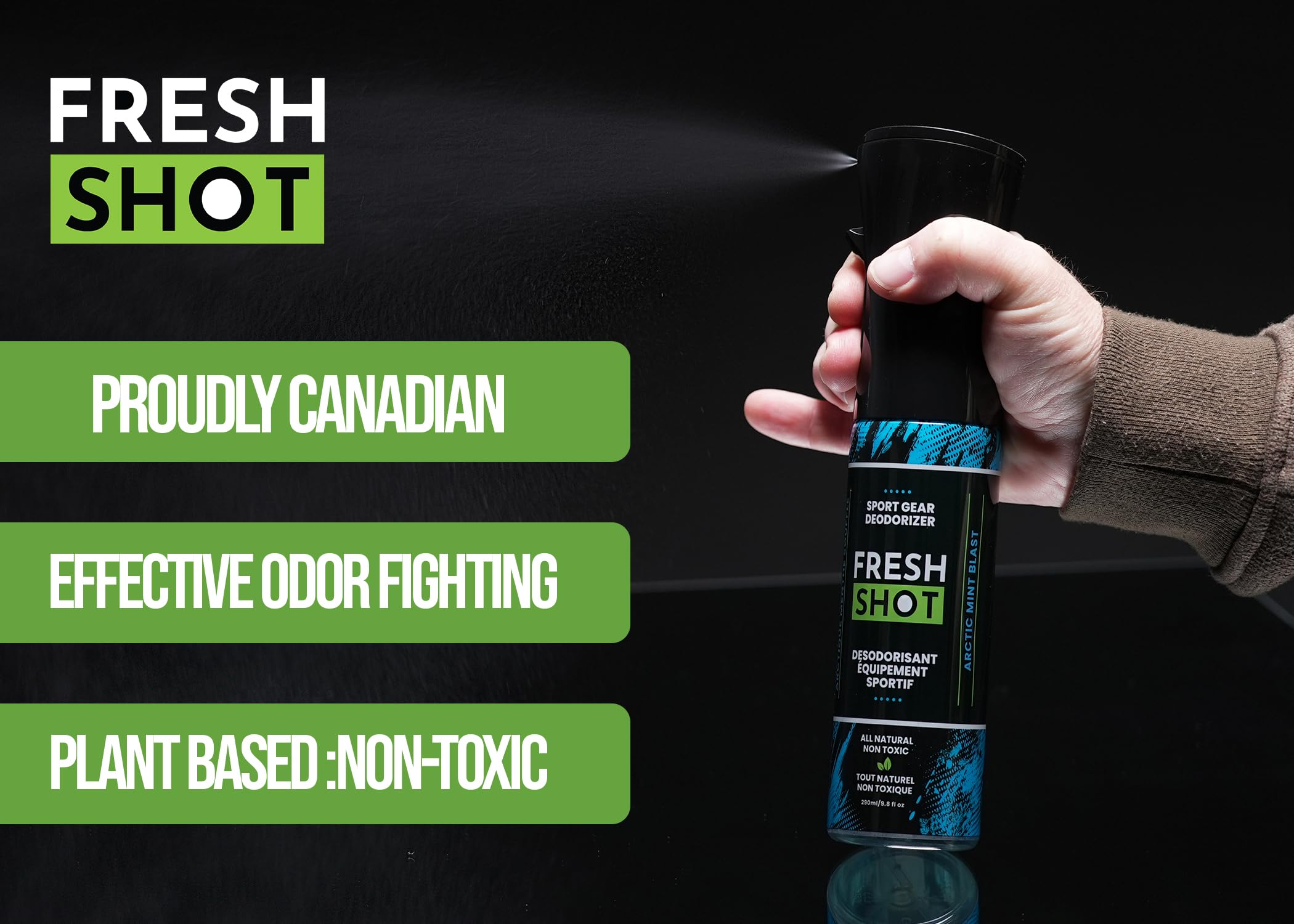 Fresh Shot – Sport Gear Deodorizer Eliminate odors in smelly sports equipment and footwear.