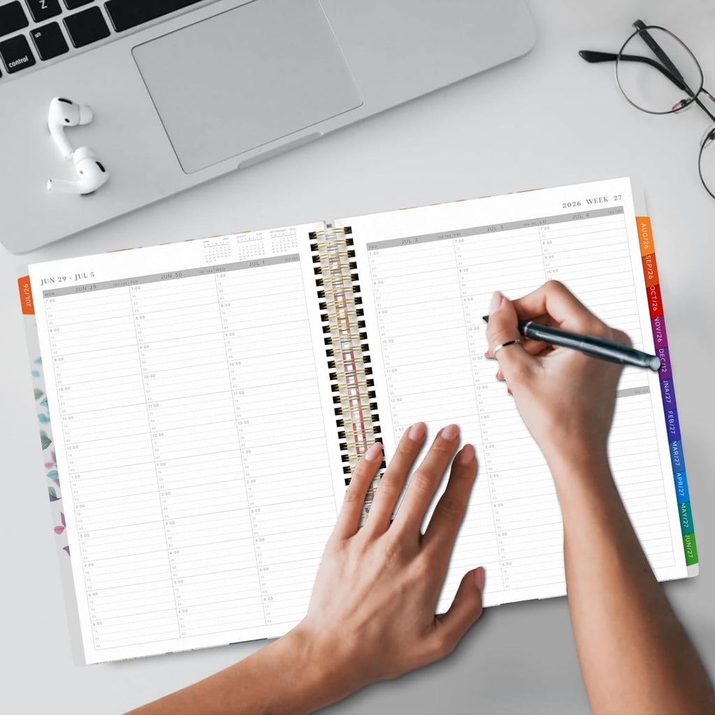 2026-2027 Appointment Book Weekly Quarter-Hourly, July 2026 - June 2027 Agenda 2026-2027 Academic Planner with Colorful Tabs, 8.5"x11", Spiral Binding, Hardcover, Note Pages, Pockets