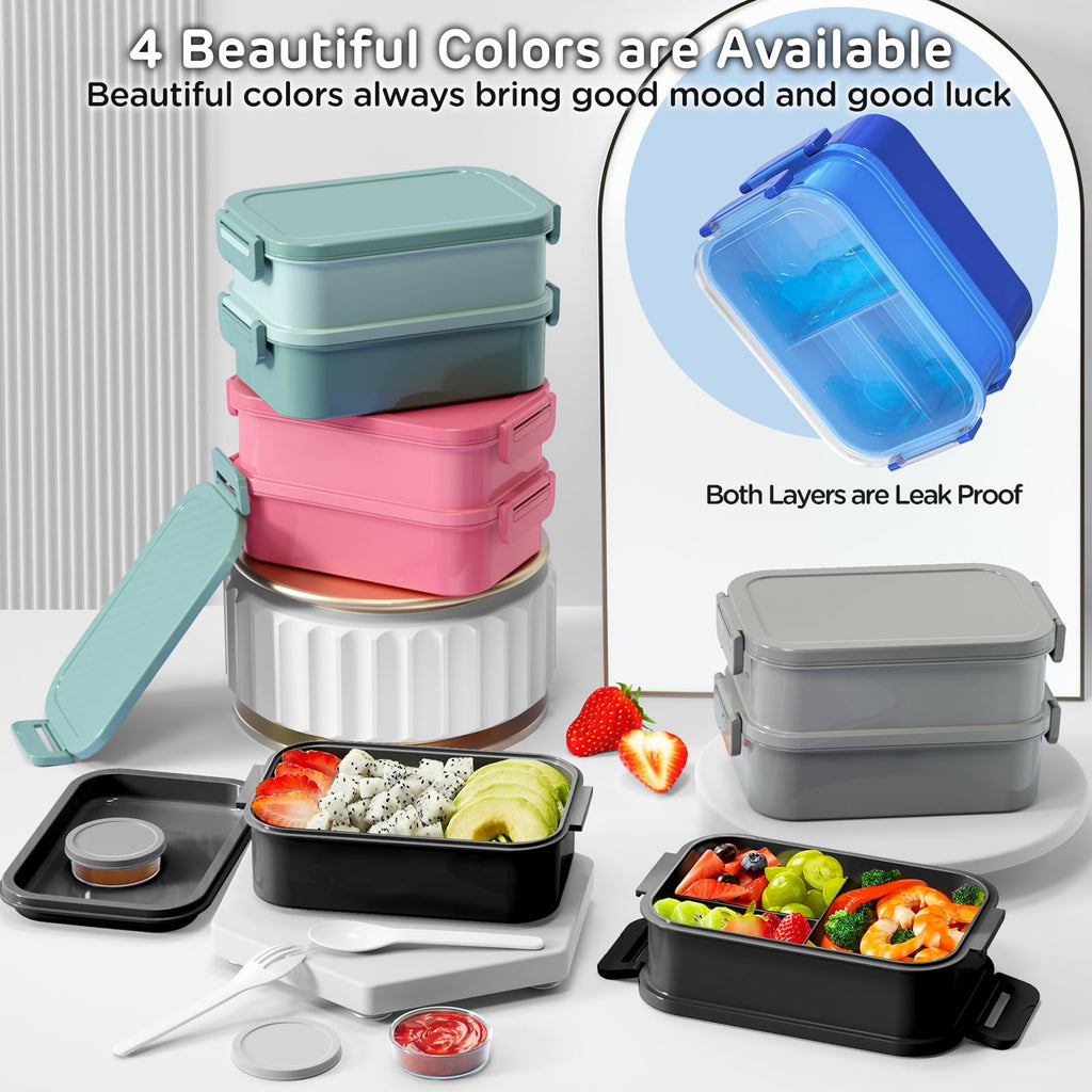 JSCARES Lunch Box Adults Bento Box - All-in-One Stackable 74 OZ Lunch Containers for Adult Large Bento Containers with Fork Spoon Sauce Boxes, Leakproof Lunchbox for Work School Dining Out (Black)