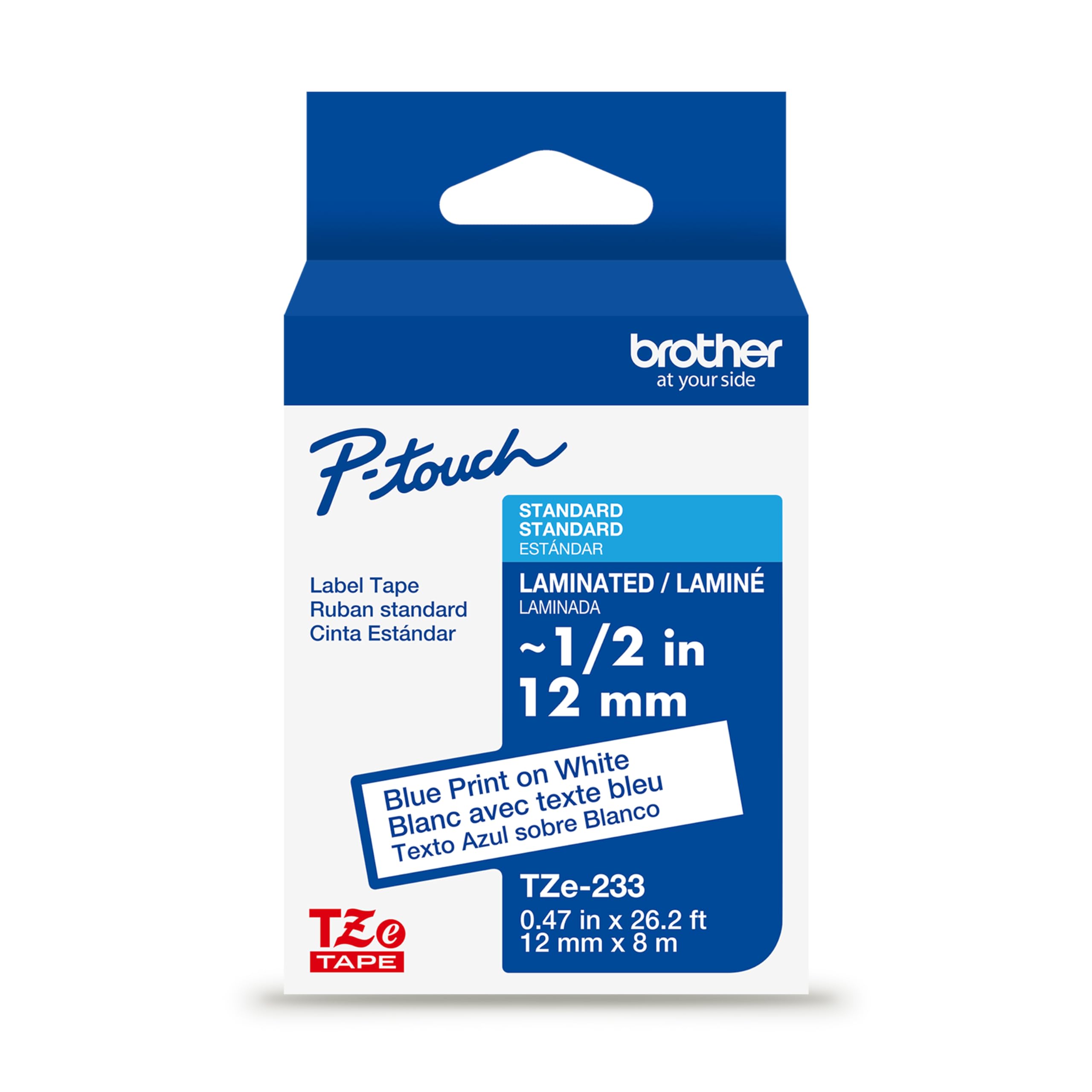 Brother Genuine TZe-233 Blue on White Laminated Tape for TZe-Compatible P-Touch Label Makers, 12 mm Wide x 8 m Long