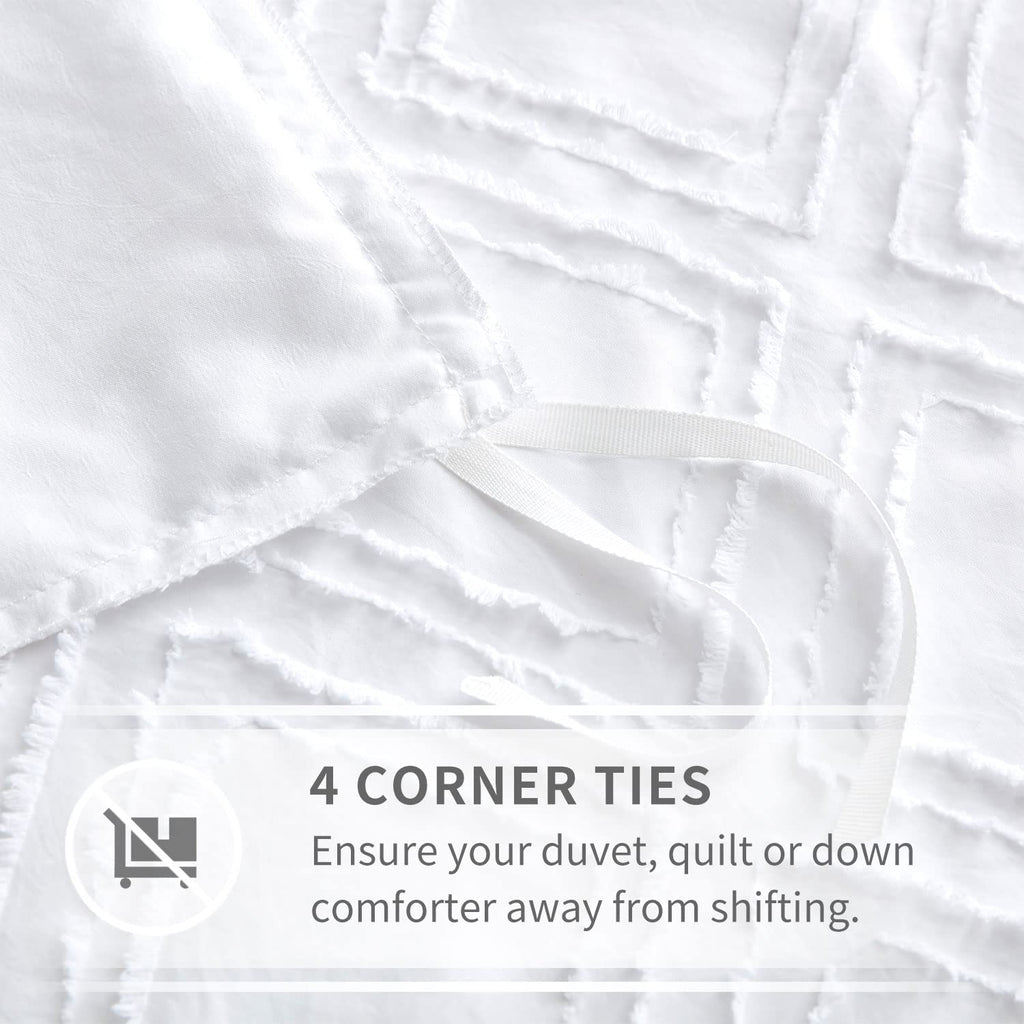 Maple&Stone Queen Duvet Cover Set, 3 Pieces Textured Tufted Boho Bedding Sets Zipper Closure Design with Ties, 1 Duvet Cover + 2 Pillow Shams, Comforter NOT Included (White, Queen Size)