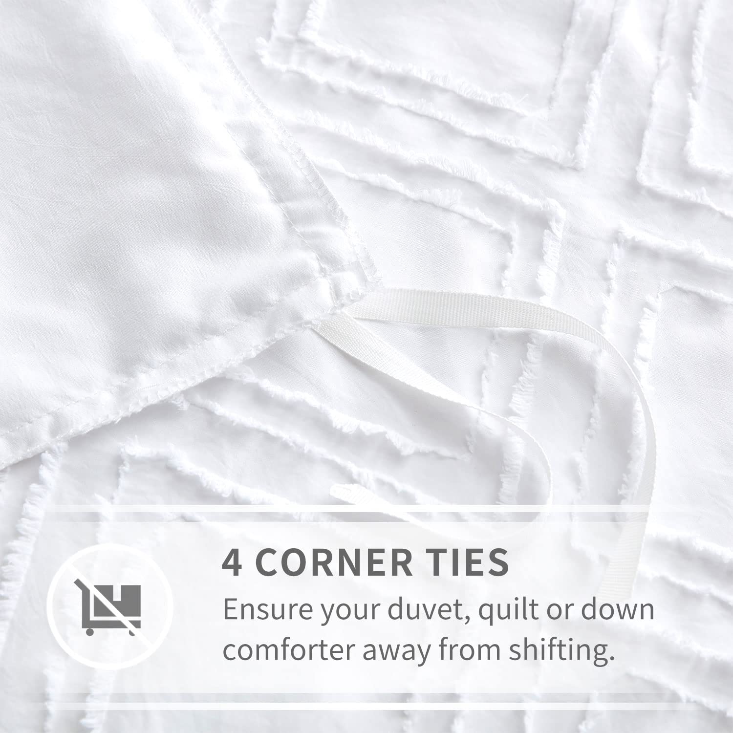 Maple&Stone Queen Duvet Cover Set, 3 Pieces Textured Tufted Boho Bedding Sets Zipper Closure Design with Ties, 1 Duvet Cover + 2 Pillow Shams, Comforter NOT Included (White, Queen Size)