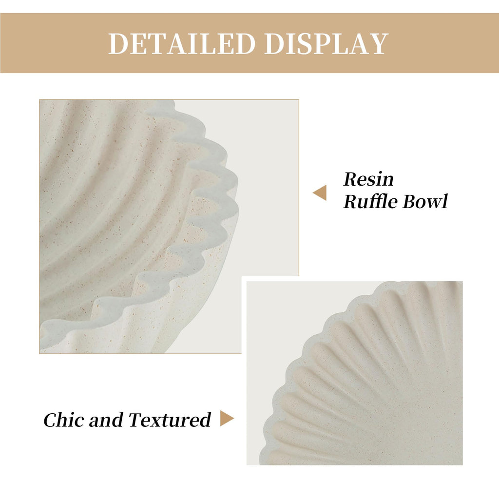 Hanobe Decorative Centerpiece Bowl Decor: Large Fruit Bowls for Home Dinning Kitchen Counter Resin Scalloped Ruffle Key Tray for Living Entryway Coffee Tables