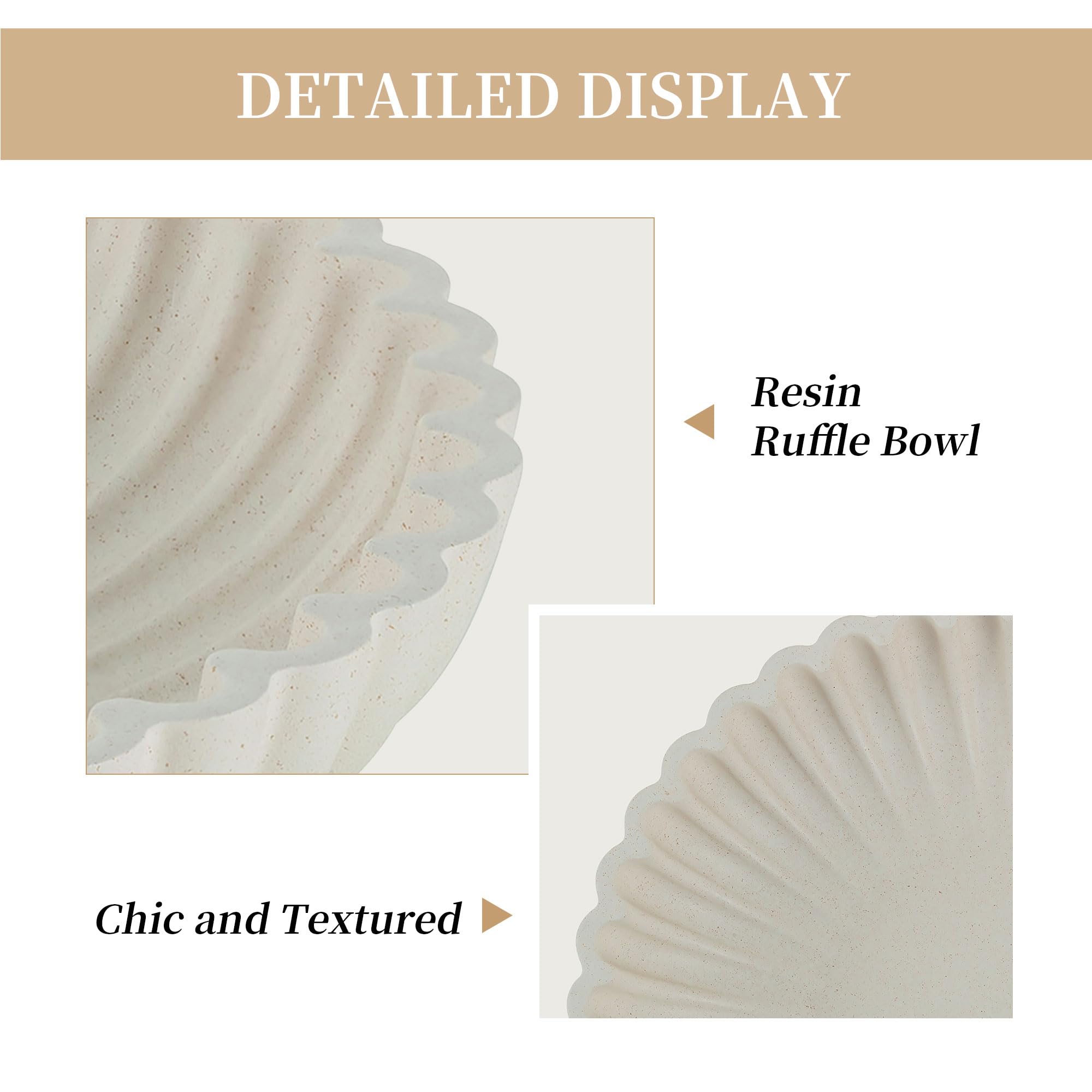 Hanobe Decorative Centerpiece Bowl Decor: Large Fruit Bowls for Home Dinning Kitchen Counter Resin Scalloped Ruffle Key Tray for Living Entryway Coffee Tables