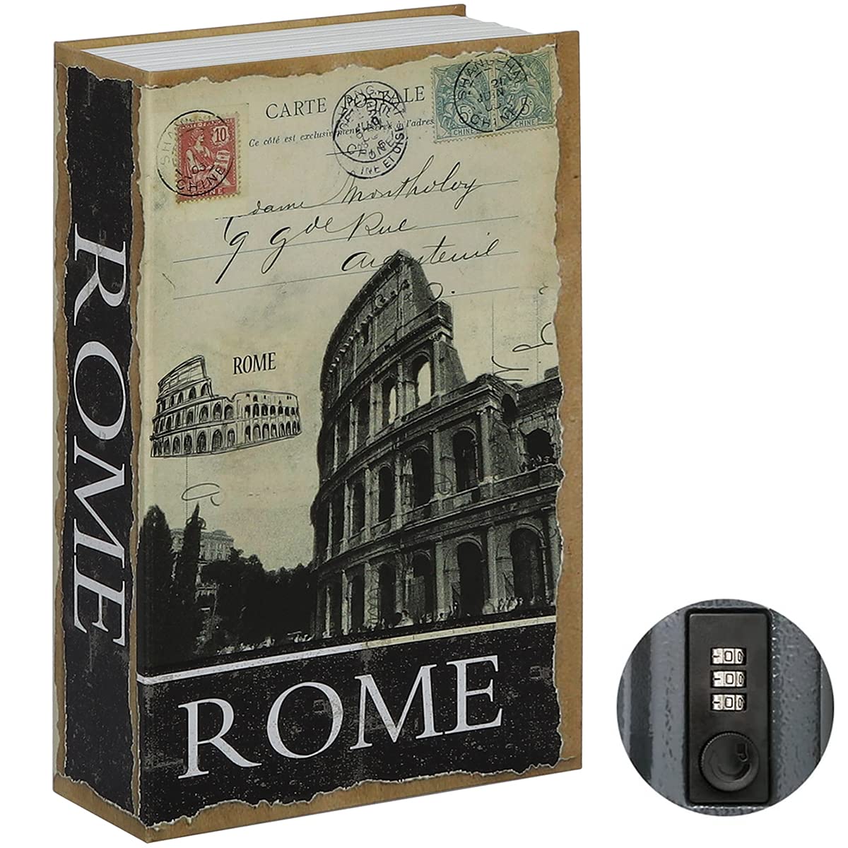 Jssmst Diversion Book Safe with Combination Lock, Faux Book Box Hidden Storage, Secrect Hidden Safe Box for Home Office, Money Box, 9.5 x 6.2 x 2.2 inch, SMBS020 Rome