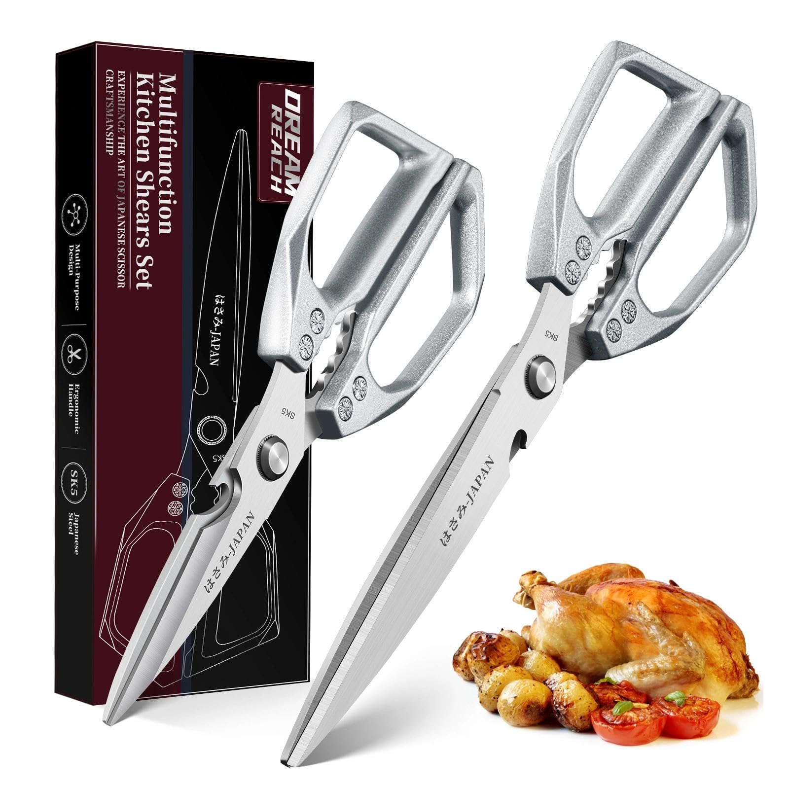 Dream Reach Kitchen Scissors Set Silver - Upgraded Stainless Steel Kitchen Shear, Sharp Meat Scissors Dishwasher Safe, Heavy Duty Poultry Shears, Japanese Cooking Scissor for Food, Chicken Bones