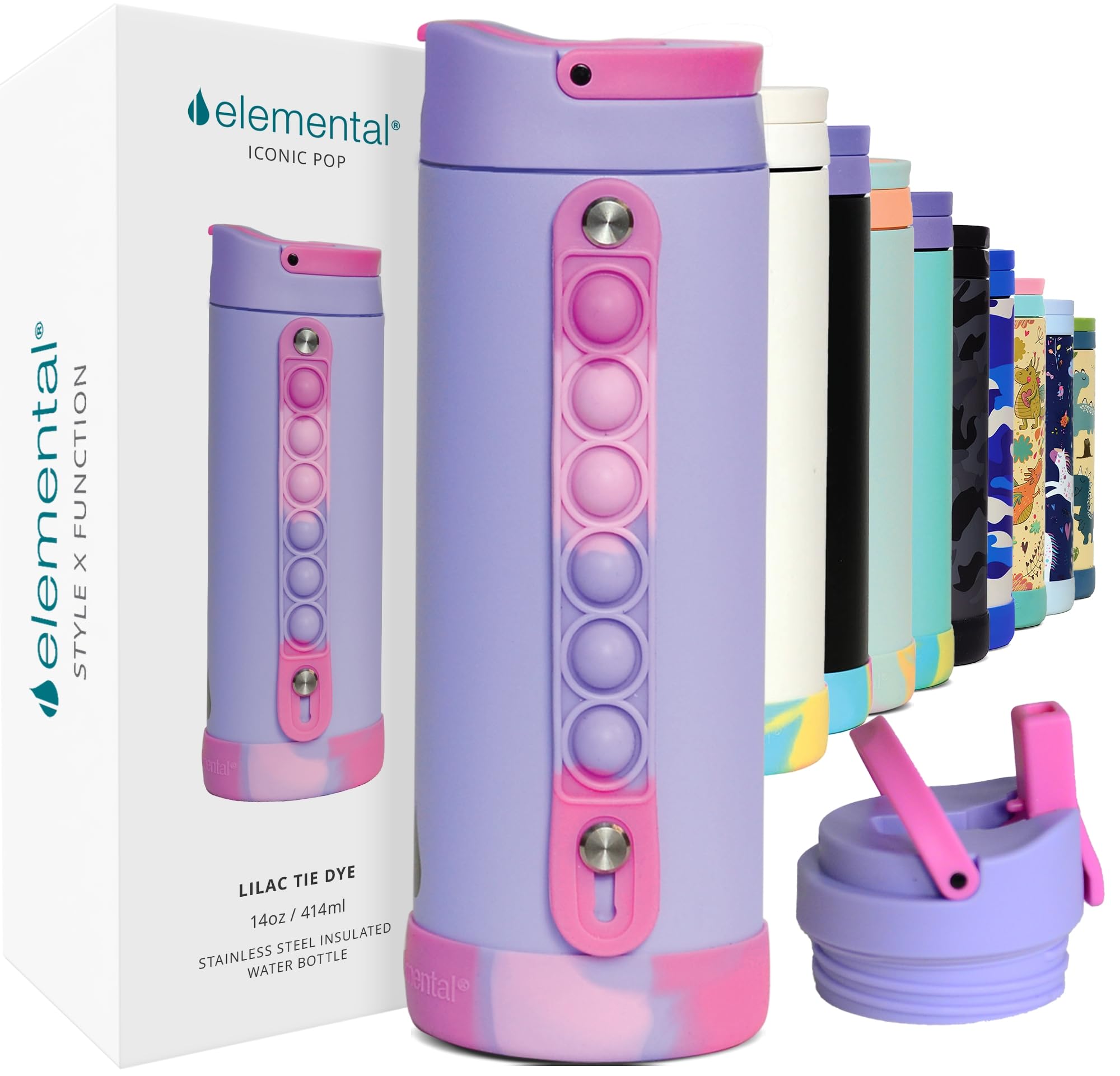 Elemental Iconic Kids Water Bottle for School - Leak-Proof Insulated Water Bottles with Straw Lid & Pop-It Handle for Boys & Girls - Triple Wall BPA-Free & Stainless Steel Bottle, 14oz - Lilac Tie Dye