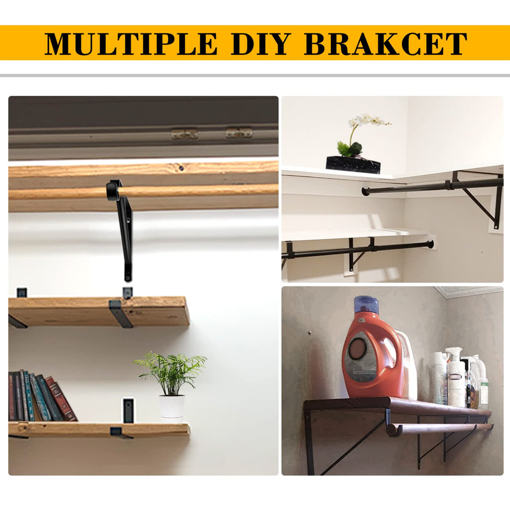 Closet Rod Bracket, Heavy Duty Shelf Bracket with Rod Holder, 10.9X 10.2 inch Black Closet Rod Support Wall Mounted Clothes Hanger Pole Support Hooks, 2 Pack