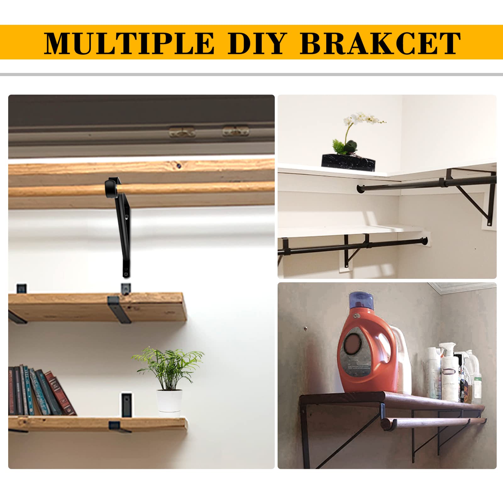 Closet Rod Bracket, Heavy Duty Shelf Bracket with Rod Holder, 10.9X 10.2 inch Black Closet Rod Support Wall Mounted Clothes Hanger Pole Support Hooks, 2 Pack