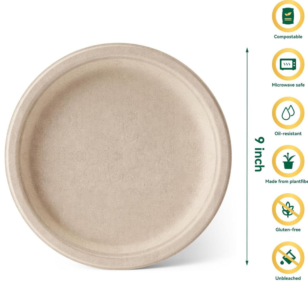 150 Pack Paper Plates, 9" Inch Compostable Plates Disposable Plates Eco Friendly Biodegradable Bagasse Natural Brown for Dinner Paper Plate Party Supplies
