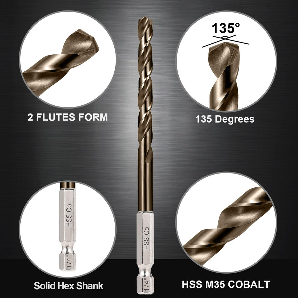 Sinyeenglon Cobalt Drill Bit Set for Hardened Metal and Stainless Steel, 13Pcs 1/16" -1/4" M35 HSS Hex Shank Impact Drill Bits, with Index Holder