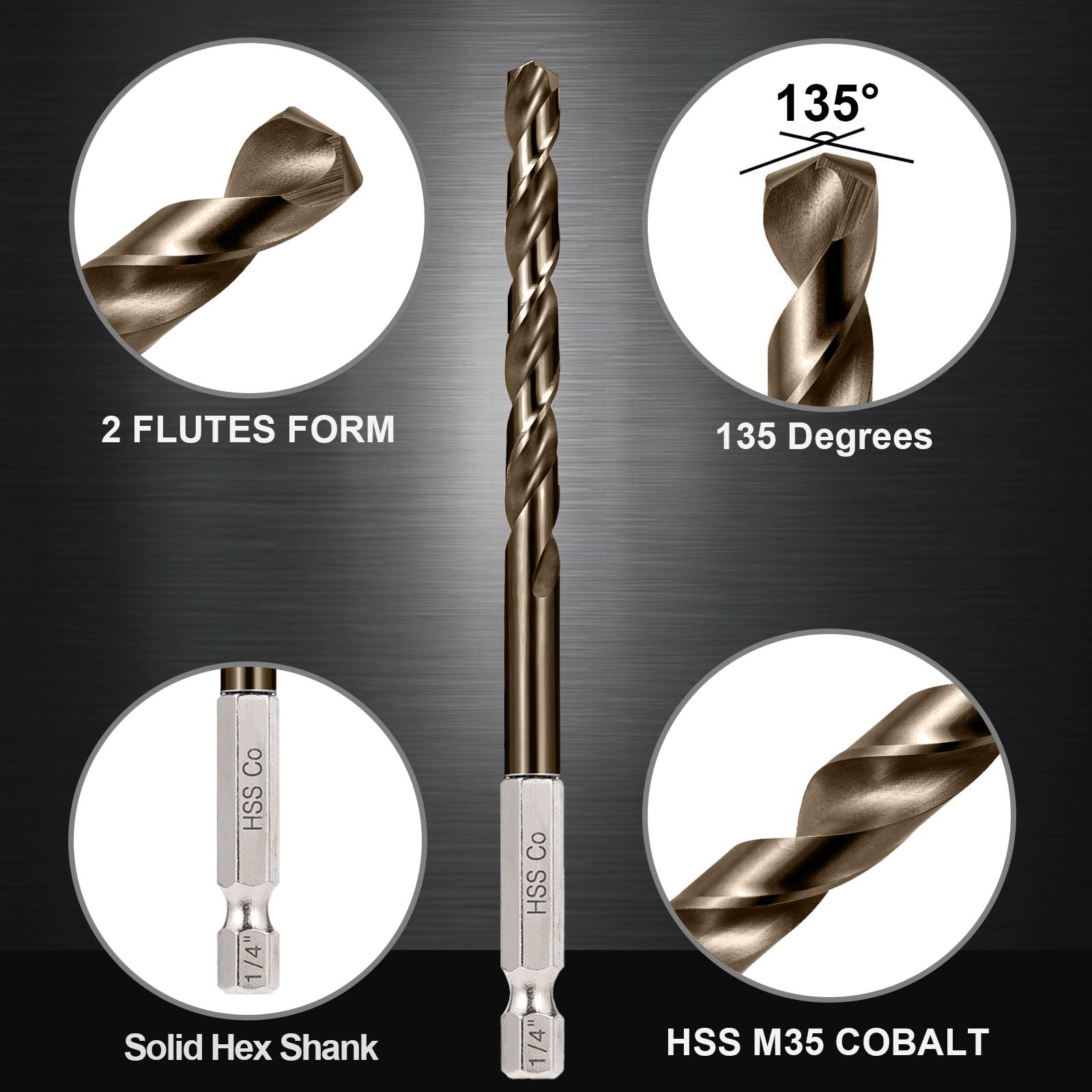 Sinyeenglon Cobalt Drill Bit Set for Hardened Metal and Stainless Steel, 13Pcs 1/16" -1/4" M35 HSS Hex Shank Impact Drill Bits, with Index Holder