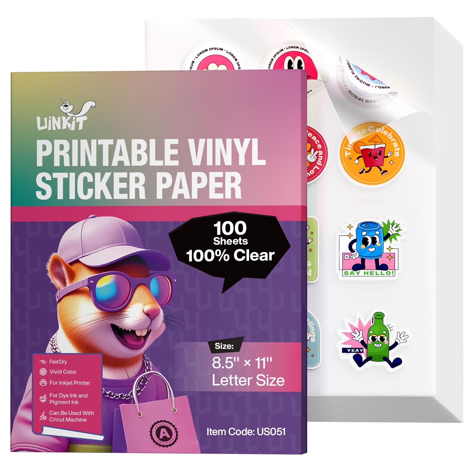 Uinkit 100% Clear Vinyl Sticker Paper for Inkjet Printer,100 Sheets Printable Transparent Sticker Paper 8.5x11 inches for DIY Projects,Waterproof, Great for Cutting Machines (100% Clear, 100 Sheets)