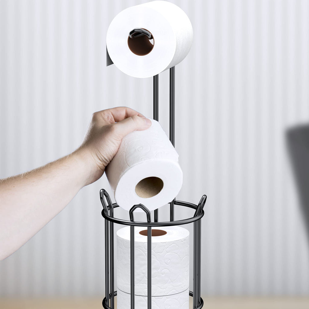 Meangood Toilet Paper Holder Stand and Tissue Paper Roll Dispenser for 4 Mega Rolls, Bathroom Free Standing Tissue Roll Storage Holder Rack, Metal (Black1)