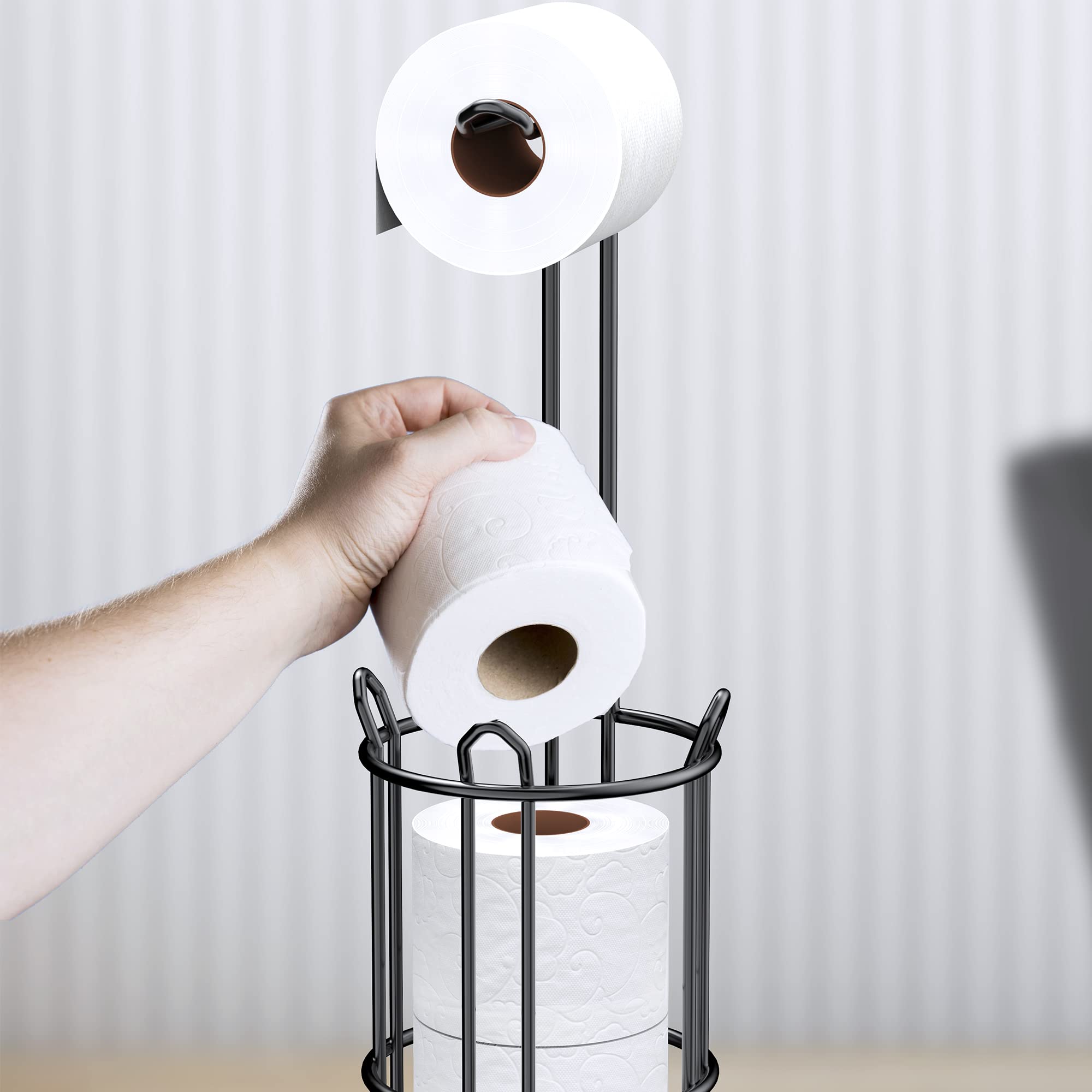 Meangood Toilet Paper Holder Stand and Tissue Paper Roll Dispenser for 4 Mega Rolls, Bathroom Free Standing Tissue Roll Storage Holder Rack, Metal (Black1)
