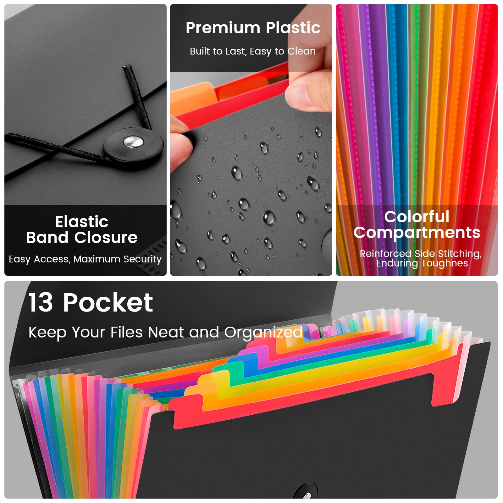 3 Pack Accordion File Organizer with Elastic Closure, 13 Pocket Expanding File Folder for Letter Size A4 Papers, Ideal for Home, Office Supplies, College Essentials