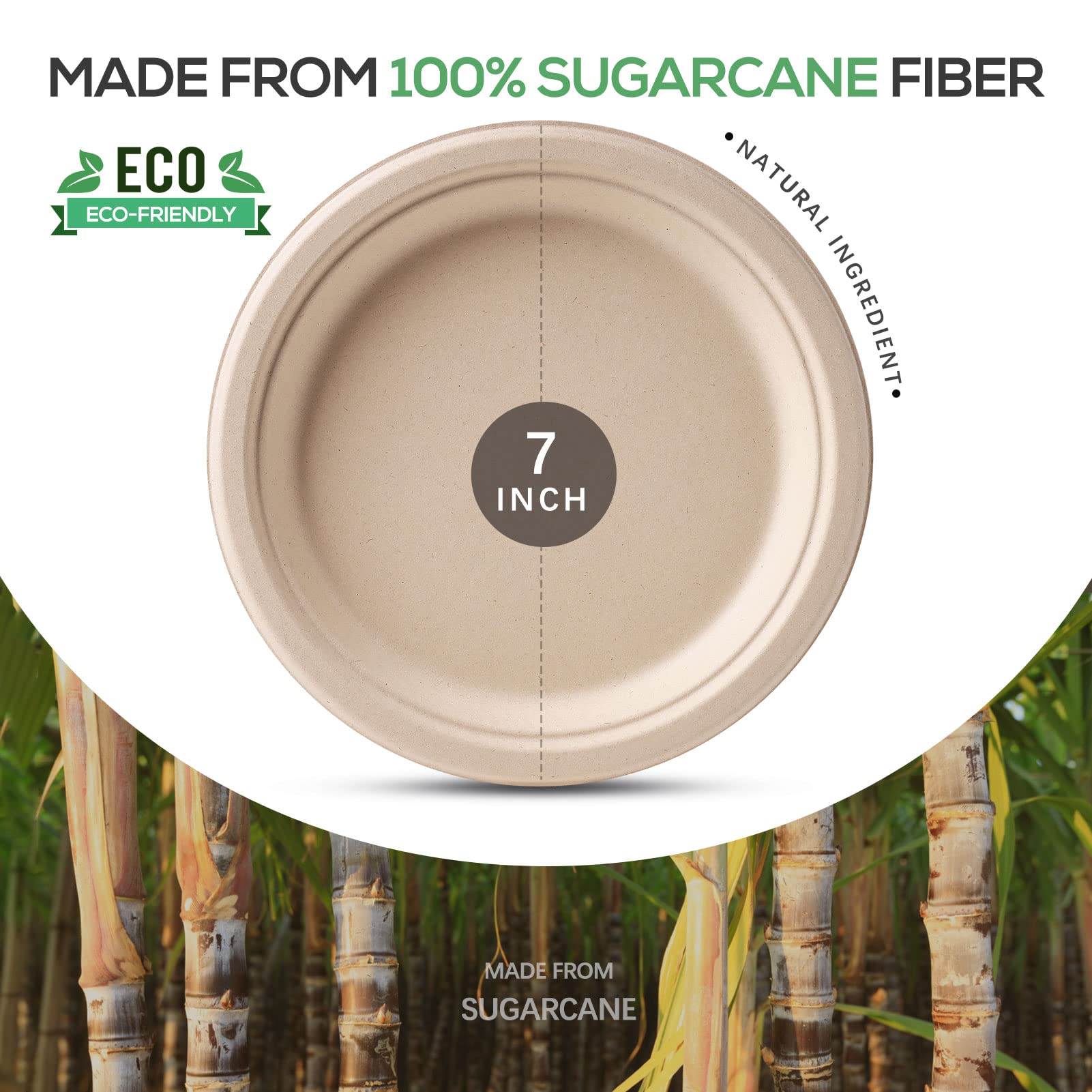 Gezond Compostable Paper Plates 7 Inch, 125pcs Disposable Heavy-Duty Plates Unbleached Biodegradable Plate Made of Sugarcane Fiber