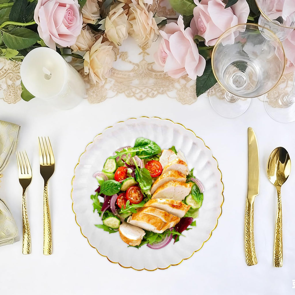 Auch 50 Pack 6 Inch Clear Plastic Plates Gold Rim, Disposable Heavy Duty Salad Dessert Plates- Premium Hard Plastic Plates Fancy Disposable Clear Plates for Weddings, Parties and Events (50 Pack)