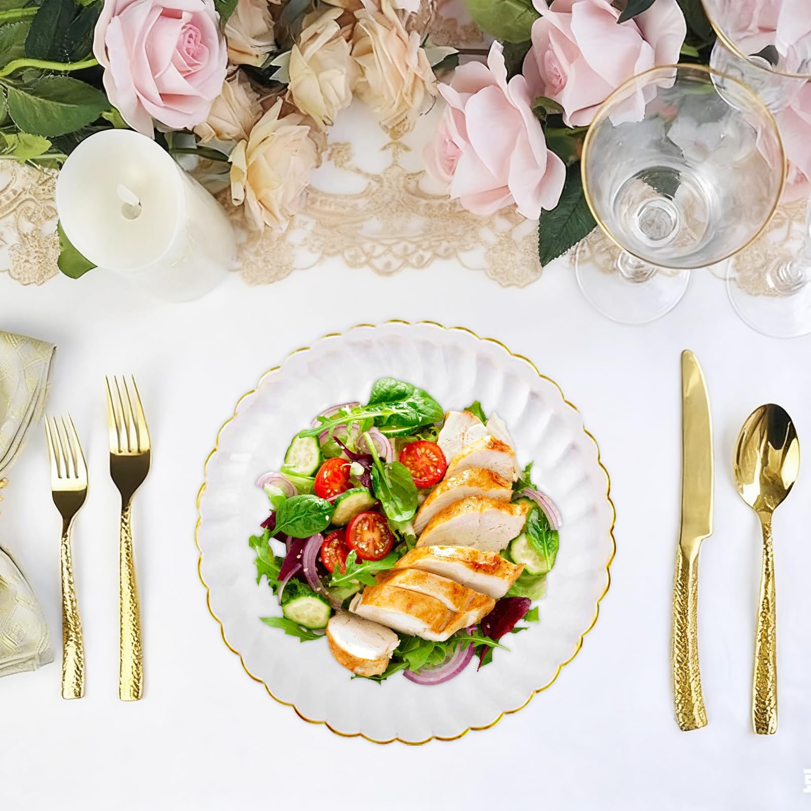 Auch 50 Pack 6 Inch Clear Plastic Plates Gold Rim, Disposable Heavy Duty Salad Dessert Plates- Premium Hard Plastic Plates Fancy Disposable Clear Plates for Weddings, Parties and Events (50 Pack)
