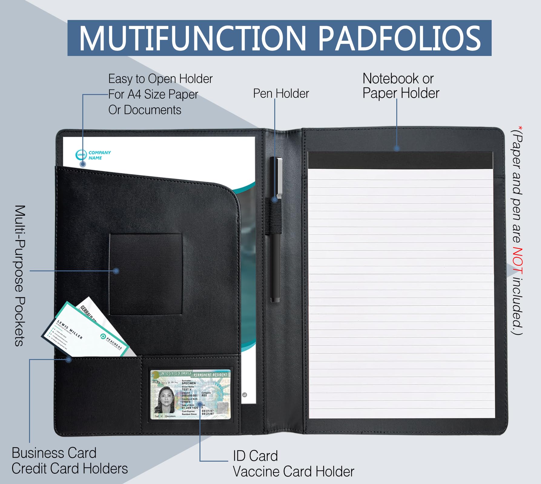 Padfolio Portfolio Organizer Legal Pad Holder Padfolio Folder Leather Portfolio Storage Clipboard Notepad with Cover for Letter Size A4 Writing Pad for Business and School Office