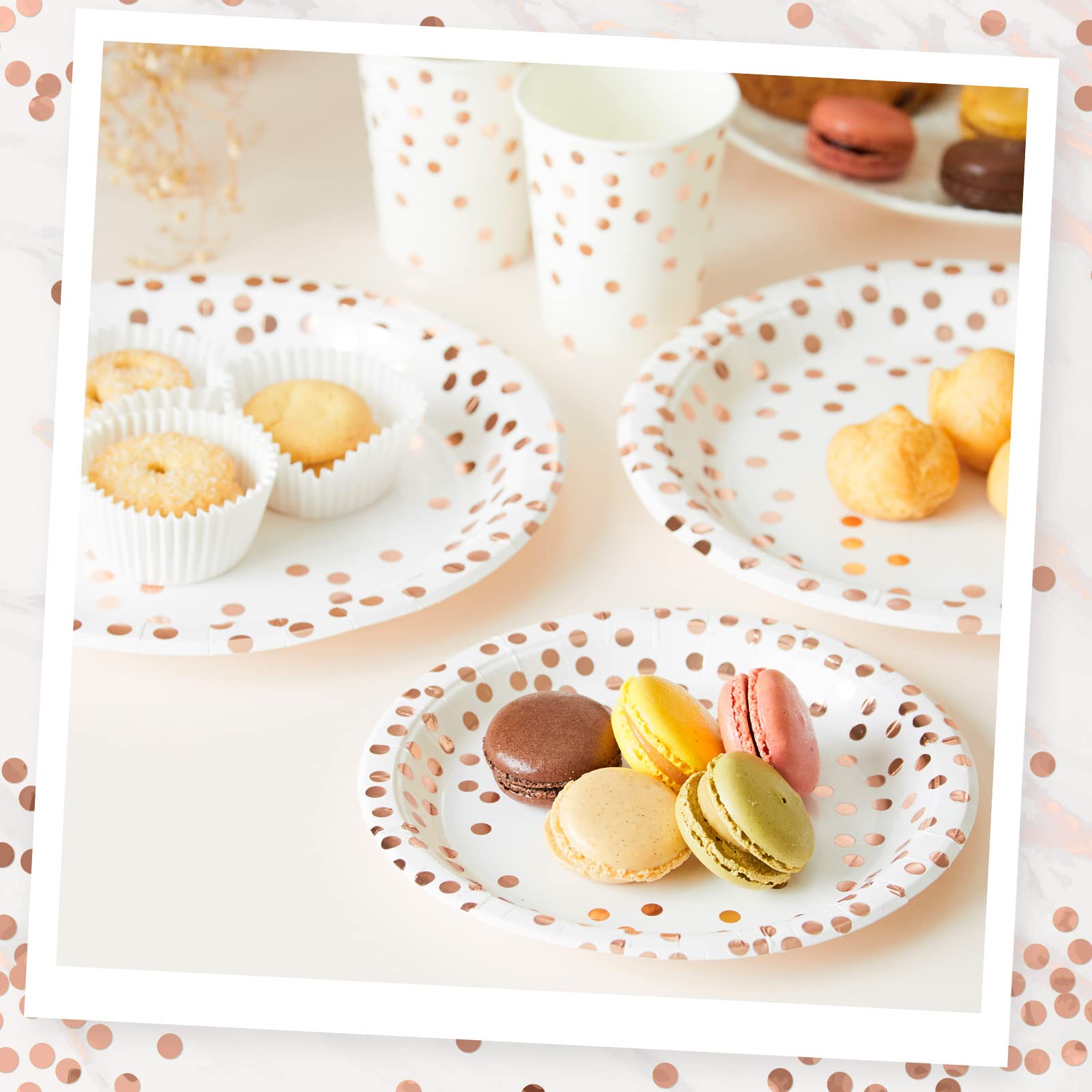 MATICAN 100-Pack Disposable Paper Plates, 9-Inch White & Rose Gold with Foil Polka Dots