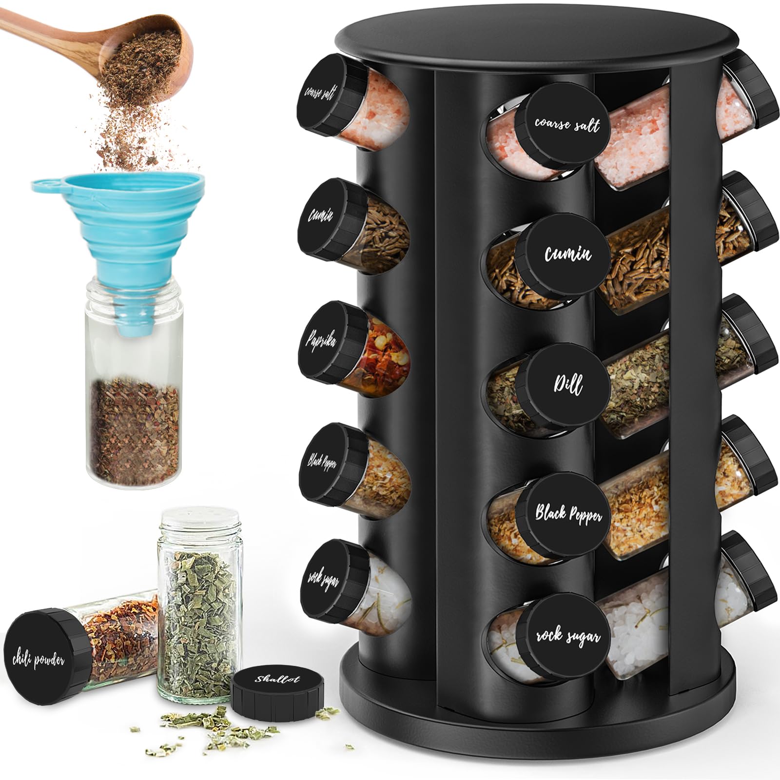 AKOZLIN Rotating Spice Jars with Rack Revolving Spice Rack with 20 Spice Jars Kitchen Spice Tower Organizer Stainless Steel with Stickers and Folding Funnel for Countertop or Cabinet, Silver