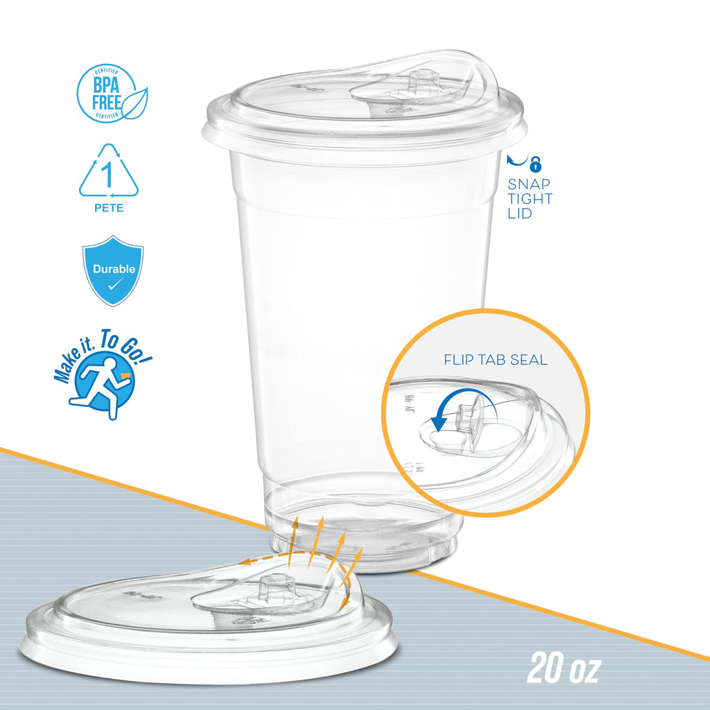 20 oz. Clear Cups with Straw less Sip-Lids, PET Crystal Clear Disposable 20 oz Plastic Coffee Cups with Lids [50 Sets]