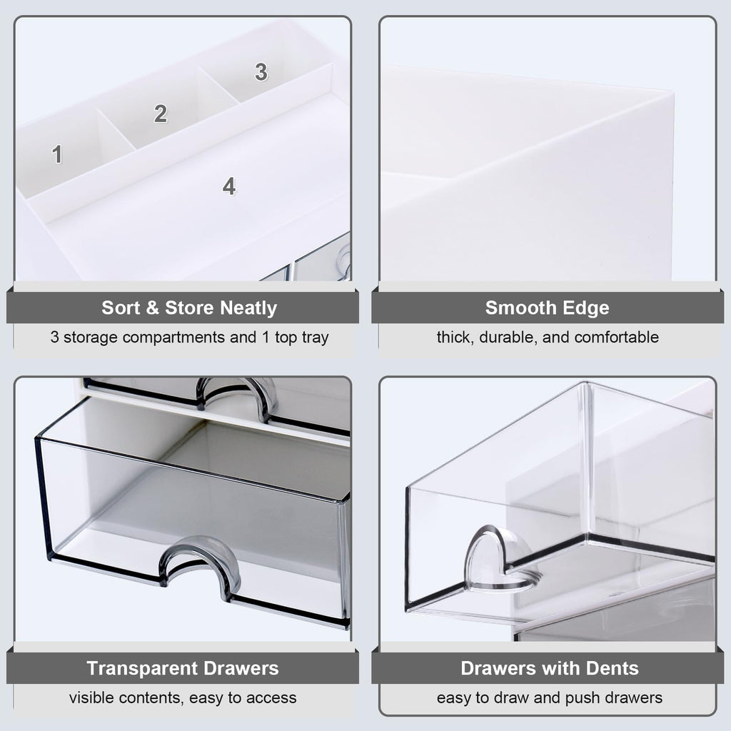 Meiikun Desk Organizer and Accessories, Plastic Stationery Storage Box with 4 Drawers, 3 Compartments & a Top Tray, Bathroom Organizers Makeup Brush Holder for Women, 21 cm x 14.2 cm x 12.2 cm (White)