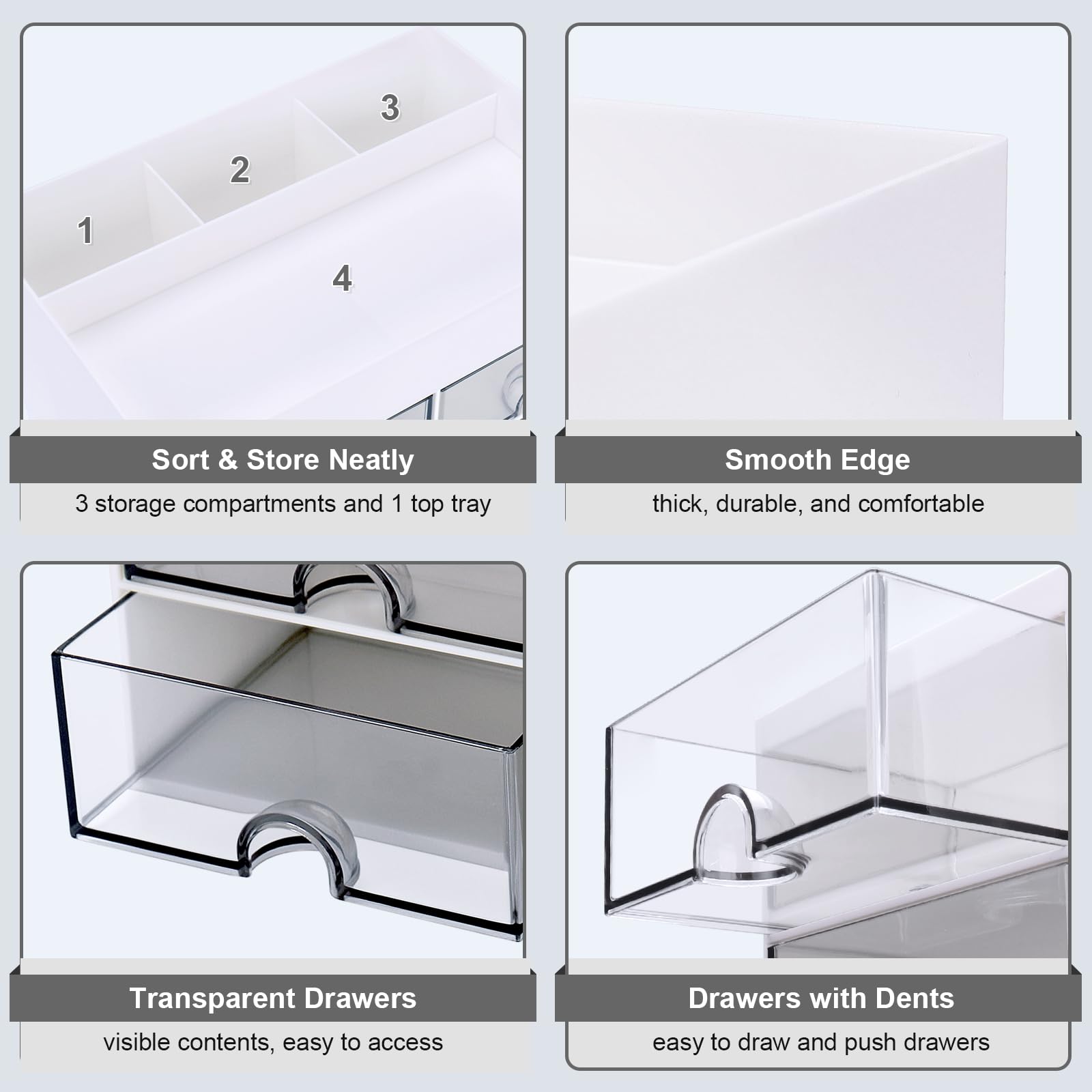 Meiikun Desk Organizer and Accessories, Plastic Stationery Storage Box with 4 Drawers, 3 Compartments & a Top Tray, Bathroom Organizers Makeup Brush Holder for Women, 21 cm x 14.2 cm x 12.2 cm (White)