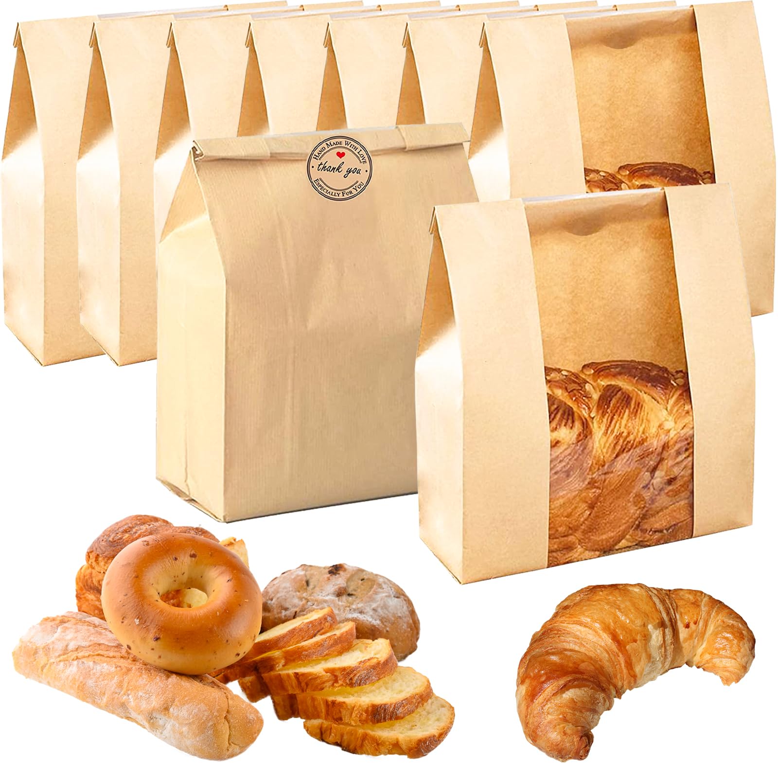 100 Pcs Bread Paper Bags for Homemade Bread Sourdough Bread Bags with Window Kraft Paper Bakery Bags for Loaf, Sourdough, Cookie, Pastry with Label Seal Stickers