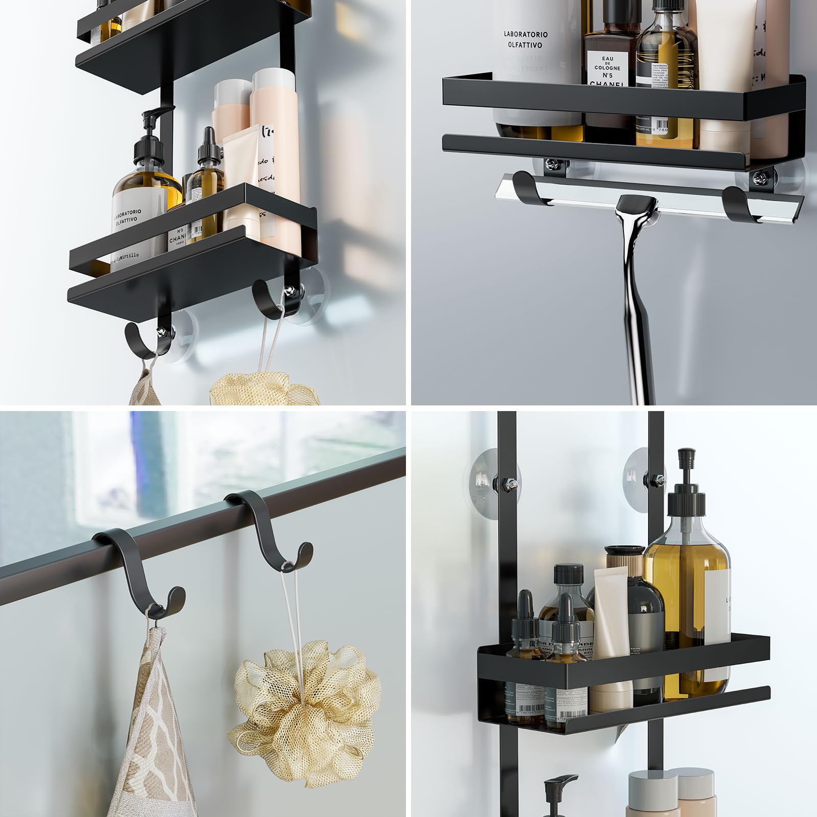 Over the Door Shower Caddy, Hanging Shower Organizer Shelf Basket Storage Rack for Frameless Glass Black Shower Caddy Hanging, Bathroom Organizers, Shower Shelves Bathroom Accessories Set,