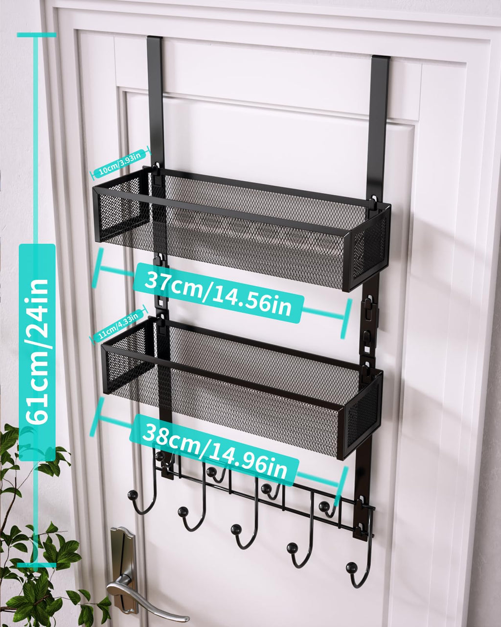 HapiRm Over The Door Organizer - Over The Door Hooks Hanger with 9 Coat Hooks +2 Mesh Baskets Storage Rack for Clothes Bag, No Drilling (for 1.76in Doors)