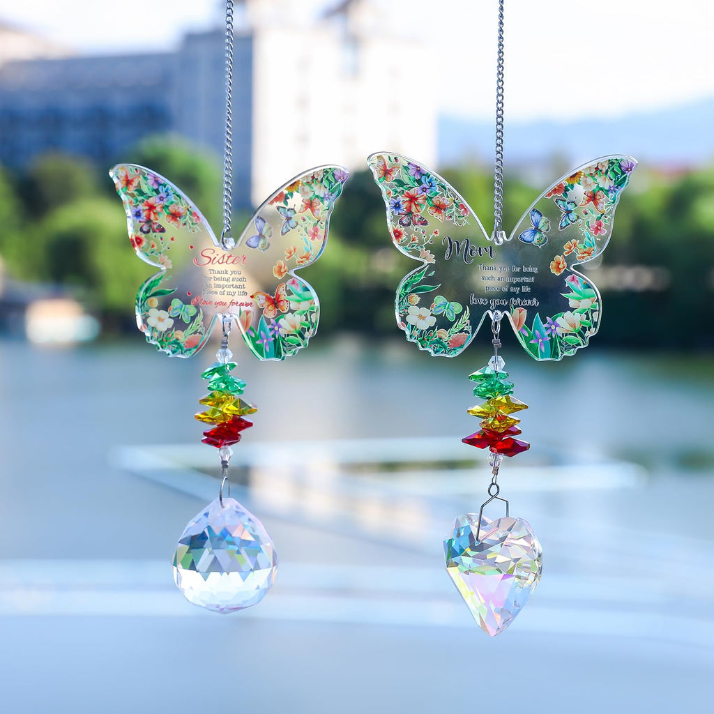Yimofy Butterfly Crystal Sun Catcher with Grateful Message Sister Christmas Birthday Gifts from Sister Brother, Hanging Crystal Suncatcher Ornament Rainbow Maker for Window Garden Decor