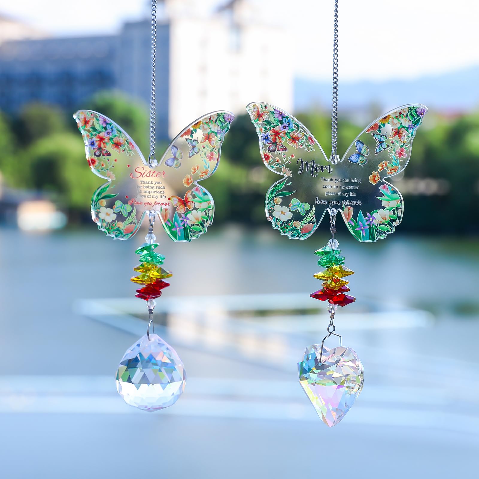 Yimofy Butterfly Crystal Sun Catcher with Grateful Message Sister Christmas Birthday Gifts from Sister Brother, Hanging Crystal Suncatcher Ornament Rainbow Maker for Window Garden Decor