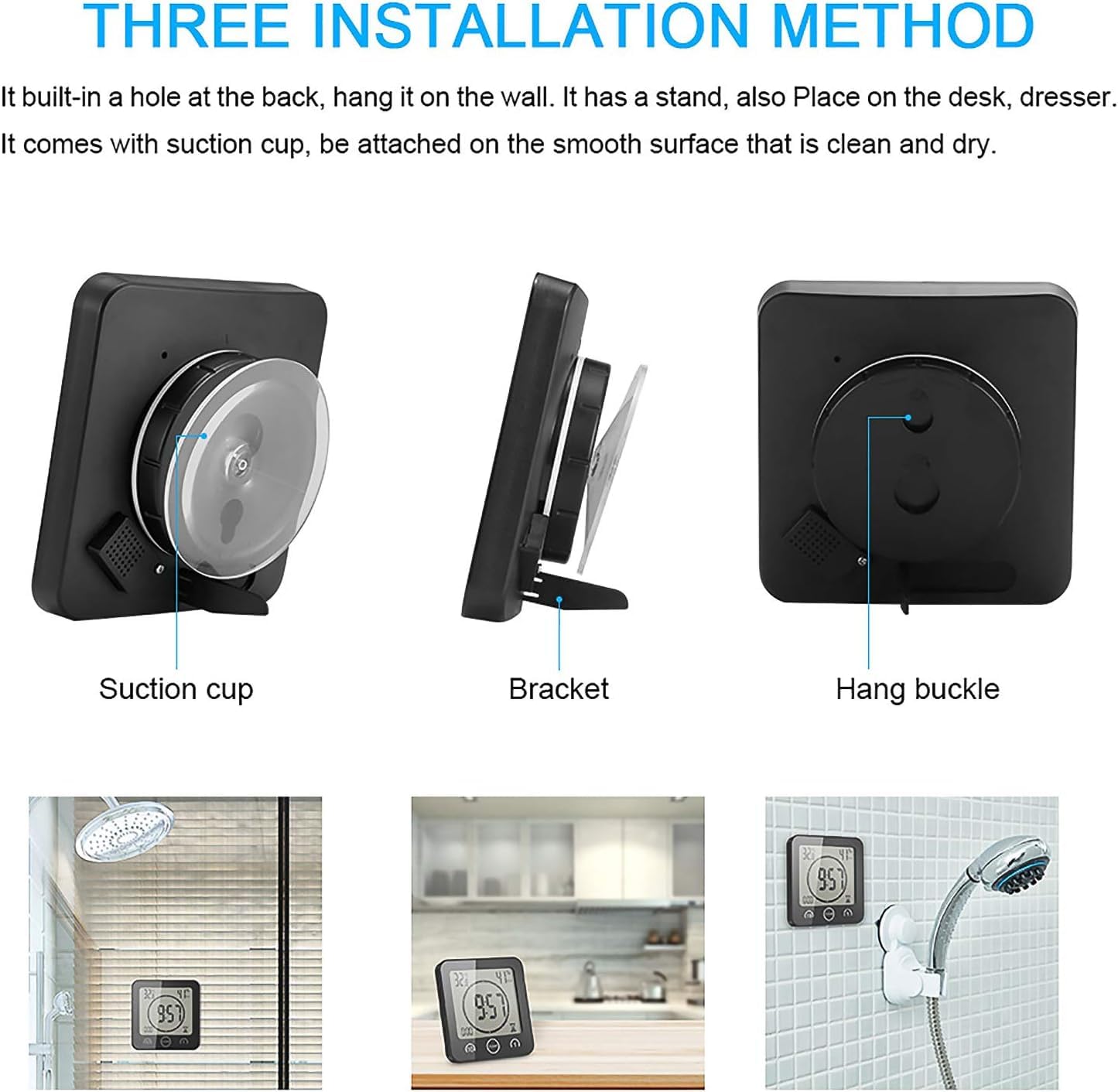 Shower Wall Clock Waterproof Sunsbell Digital Temperature Humidity Display with Suction Cup, Touch Screen Timer for Kitchen Bathroom (Black)