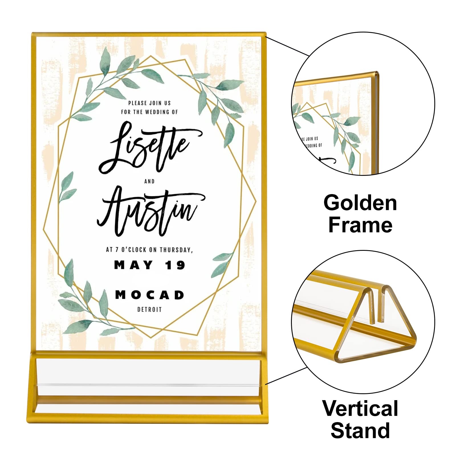 Acrylic Gold Sign Holders, 4x6 Vertical Clear Picture Frames with Gold Borders, Double Sided Table Menu Display Stand for Restaurant Signs, Wedding Table Numbers, Photos and Art Display - 6 Pack