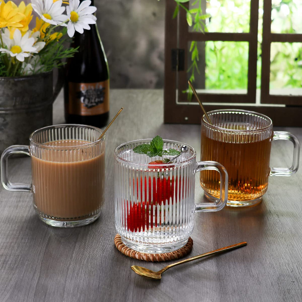 Ymyaye Clear Glass Coffee Mug Set of 4, 12 Ounces Ribbed Glassware with Spoon, Classic Vertical Stripes Tea Mugs for Soda, Latte, Espresso, Cappuccino, Gift for Birthday Holidays Wedding Anniversary