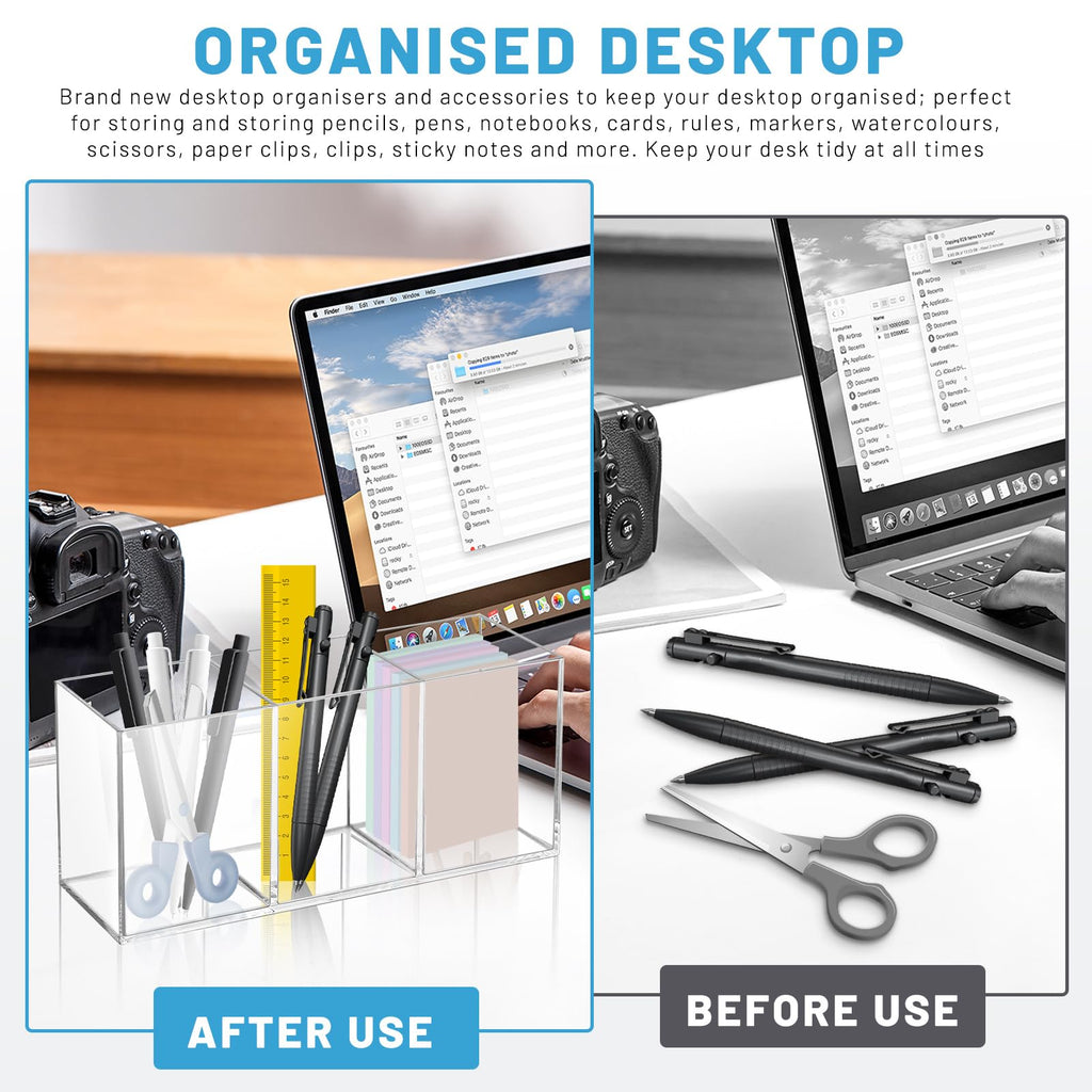 Realand 2Pcs Acrylic Pen Holder for Desk, 3 Compartments Clear Makeup Brush Holder Organizer, Pen Cup for Pencil Marker