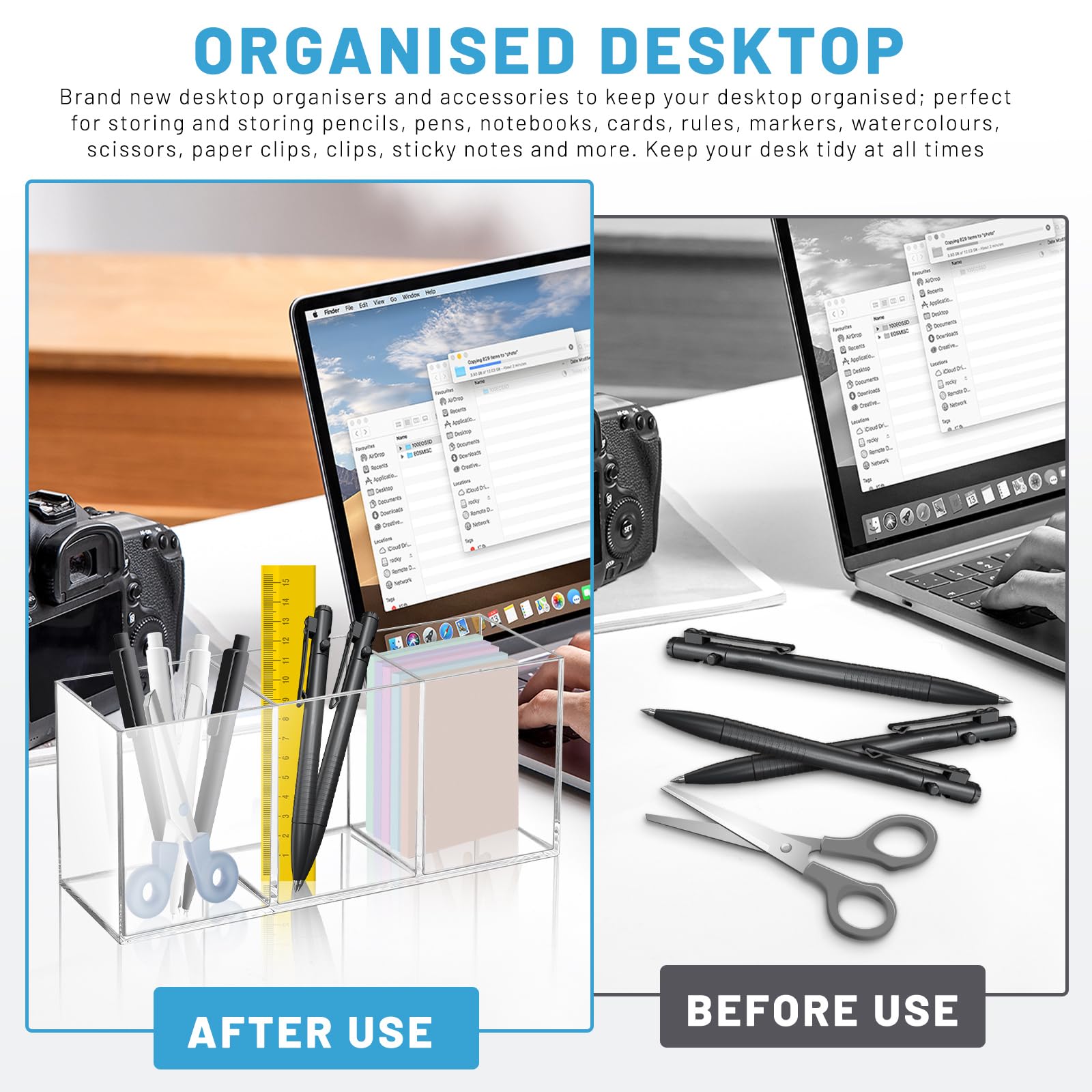 Realand 2Pcs Acrylic Pen Holder for Desk, 3 Compartments Clear Makeup Brush Holder Organizer, Pen Cup for Pencil Marker