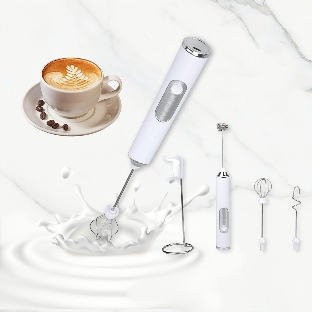 Milk Frother, Handheld Foam Maker, Waterproof Detachable Whisk Drink Mixer USB Rechargeable Blender with Stainless Steel Whisks for Coffee, Matcha, Latte,Egg(White)