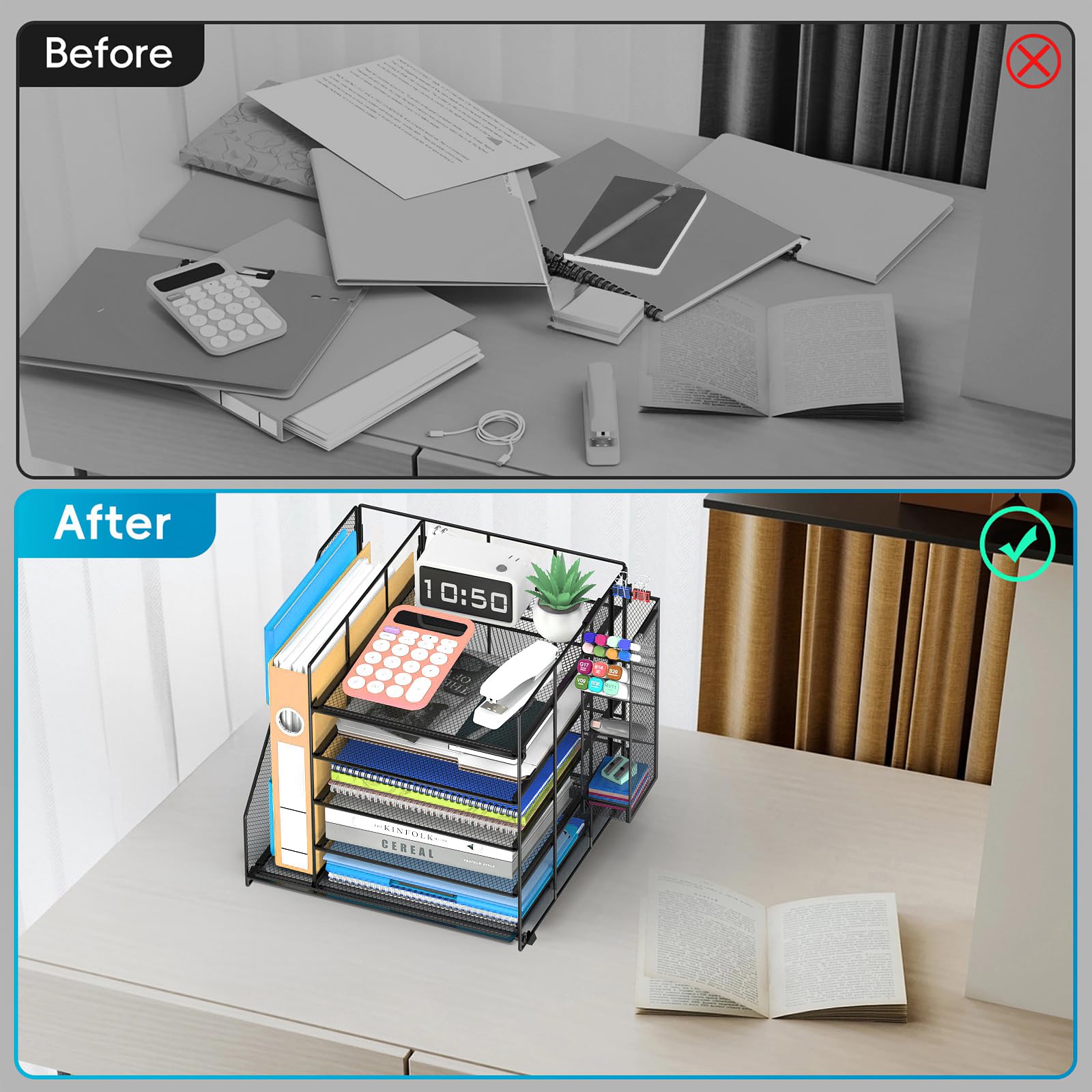 SUPEASY Desk Organizer with File Holder, 5-Tier Paper Letter Tray Organizer with Pen Holder, Desktop Organization and Storage for Office Supplies Black