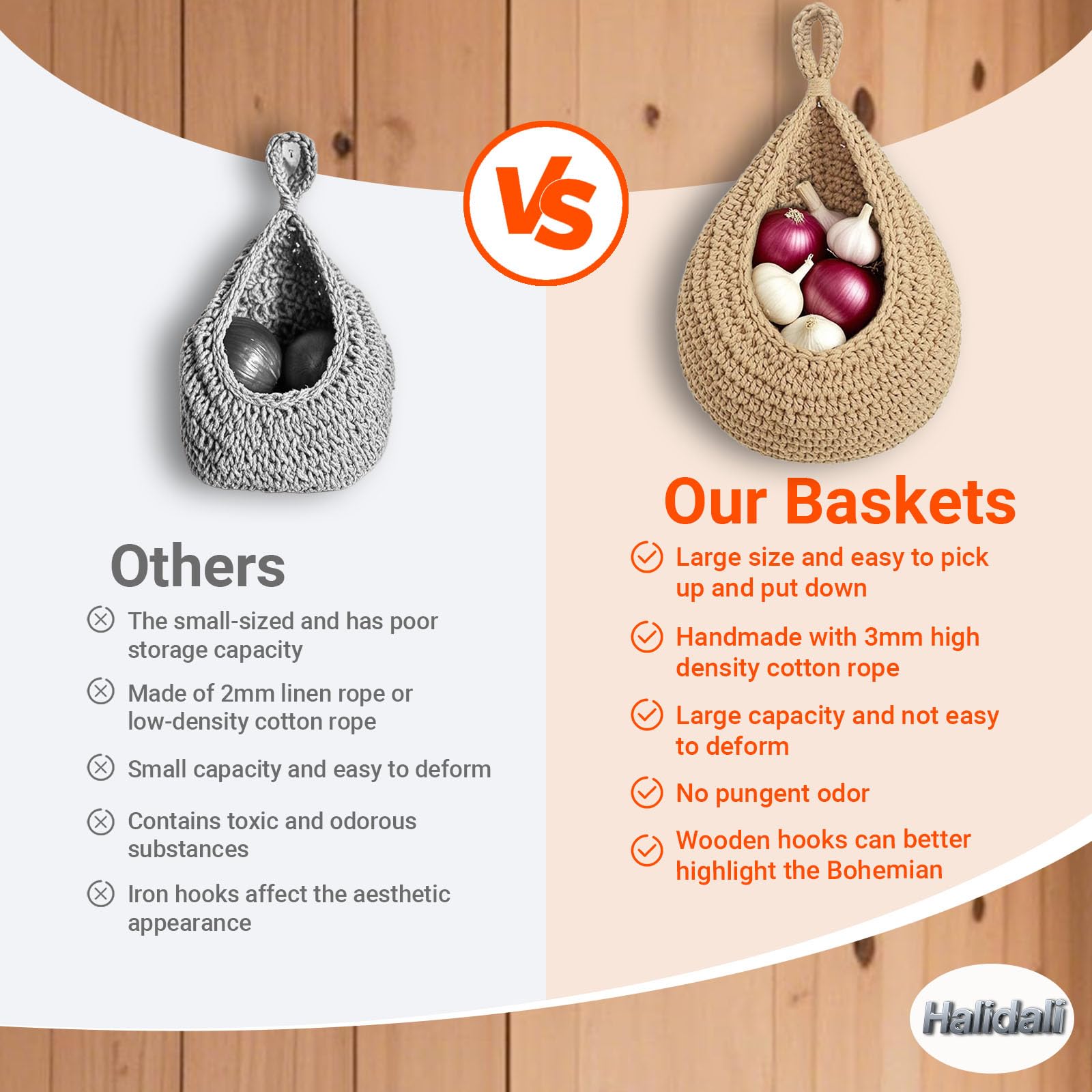 Hanging Fruit Baskets for Kitchen, 3 Pack Boho Cotton Rope Handwoven Vegetable Storage Wall Mounted Large Organizing Basket for Farmhouse Decor, Onion, Potato, Garlic and Plants