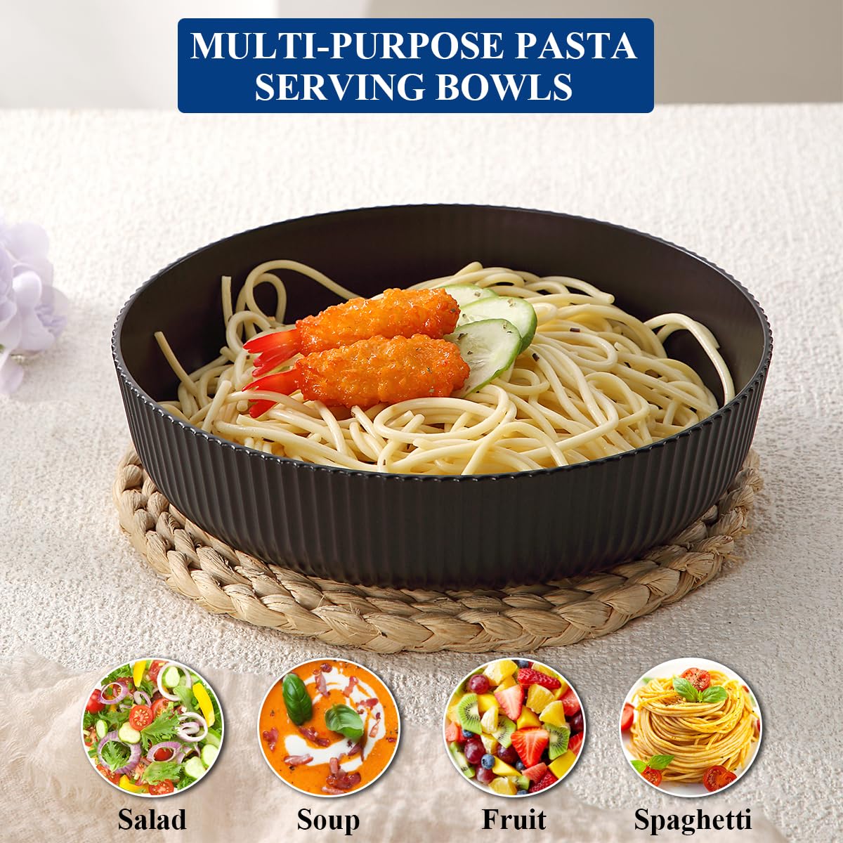 Homquen Pasta Bowls Set of 6, 37oz Salad Bowls Black Soup Bowls, Large Pasta Serving Bowls, Unbreakable Plastic Dinner Bowls, Dinnerware Sets,Valentines Day Gift, Dishwasher Safe (Black)