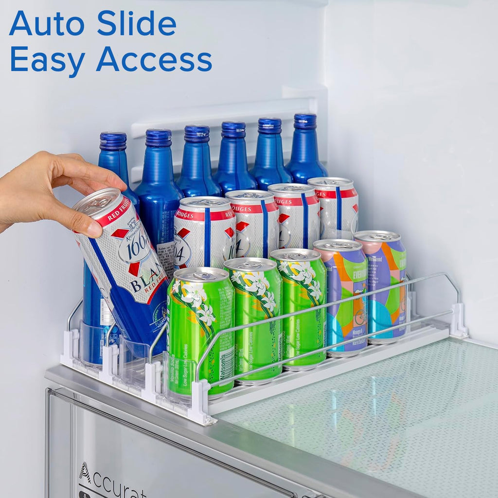 Drink Organizer for Fridge Self-Pushing Can Organizer Width Adjustable, Fits 12oz 16oz 20oz Drinks, Holds up to 15 Cans (3 Rows White)