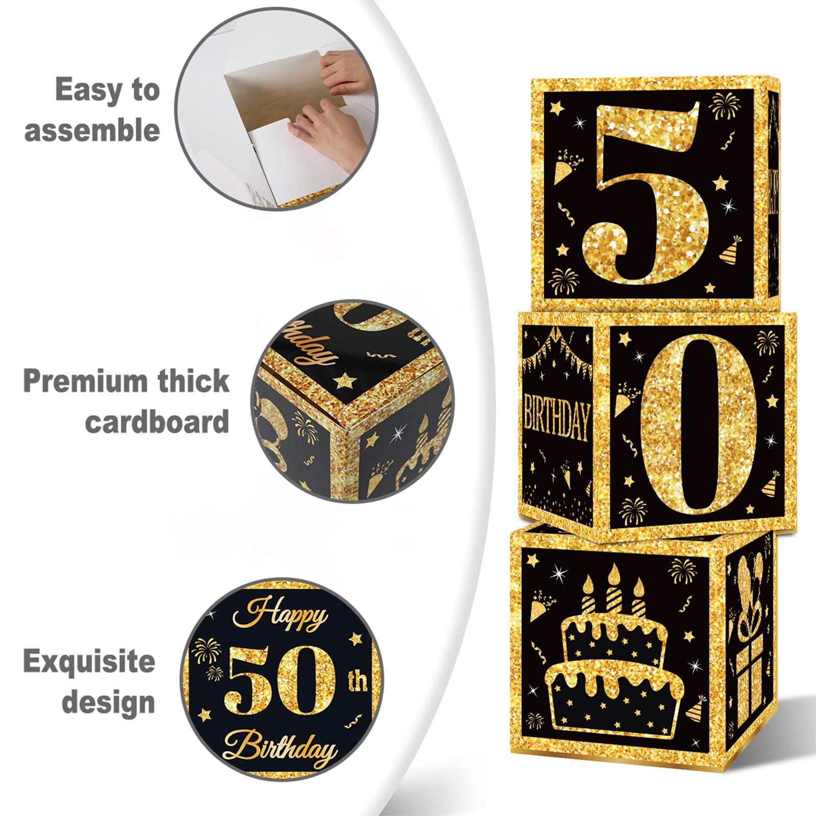 50th Birthday Decorations Boxes for Men- 3PCS Black Gold Happy 50th Birthday Balloons Boxes, 50 Year Old Party Supplies for Men Women